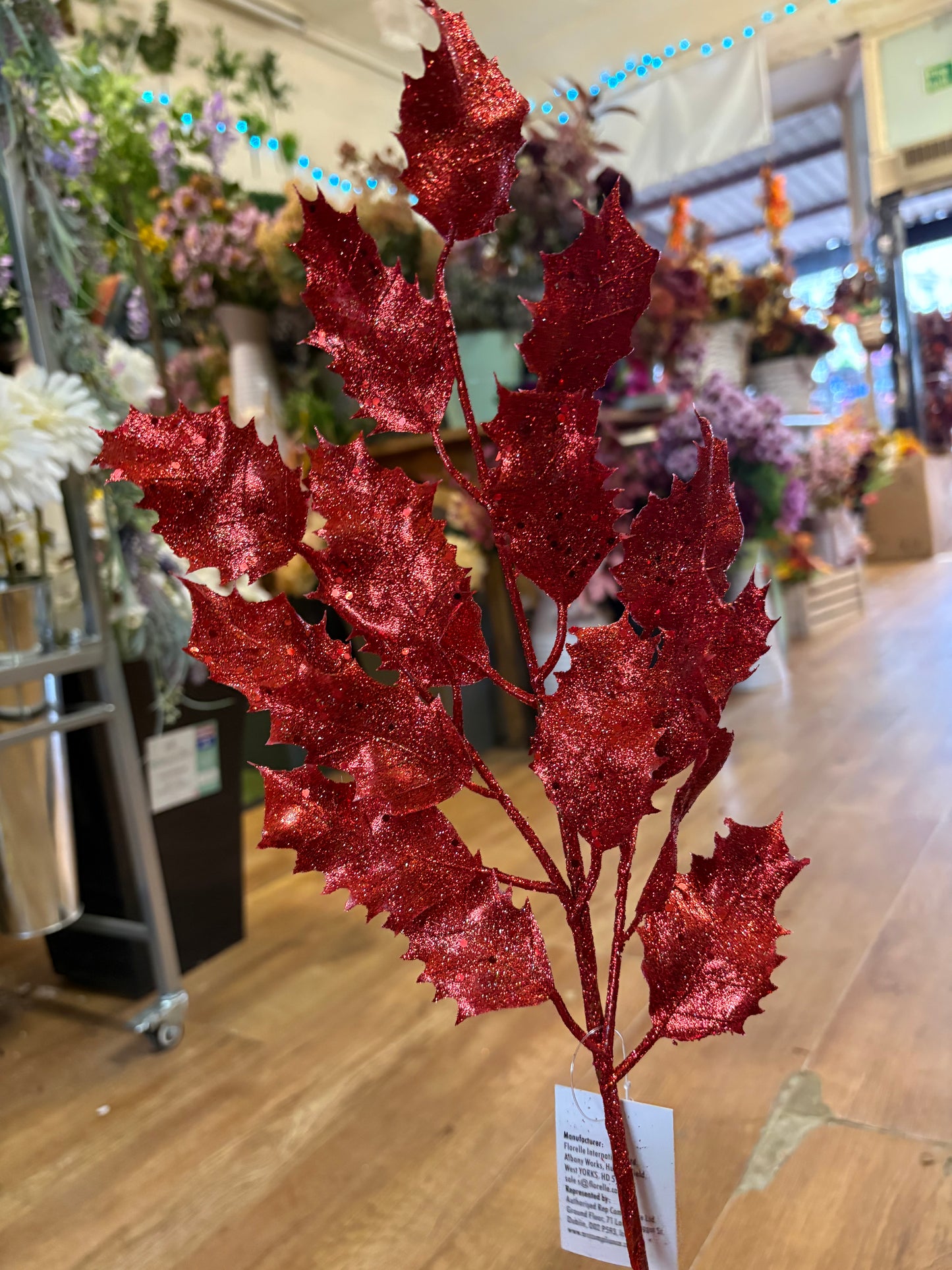 62cm tall glittered holly stem - 3 colours available