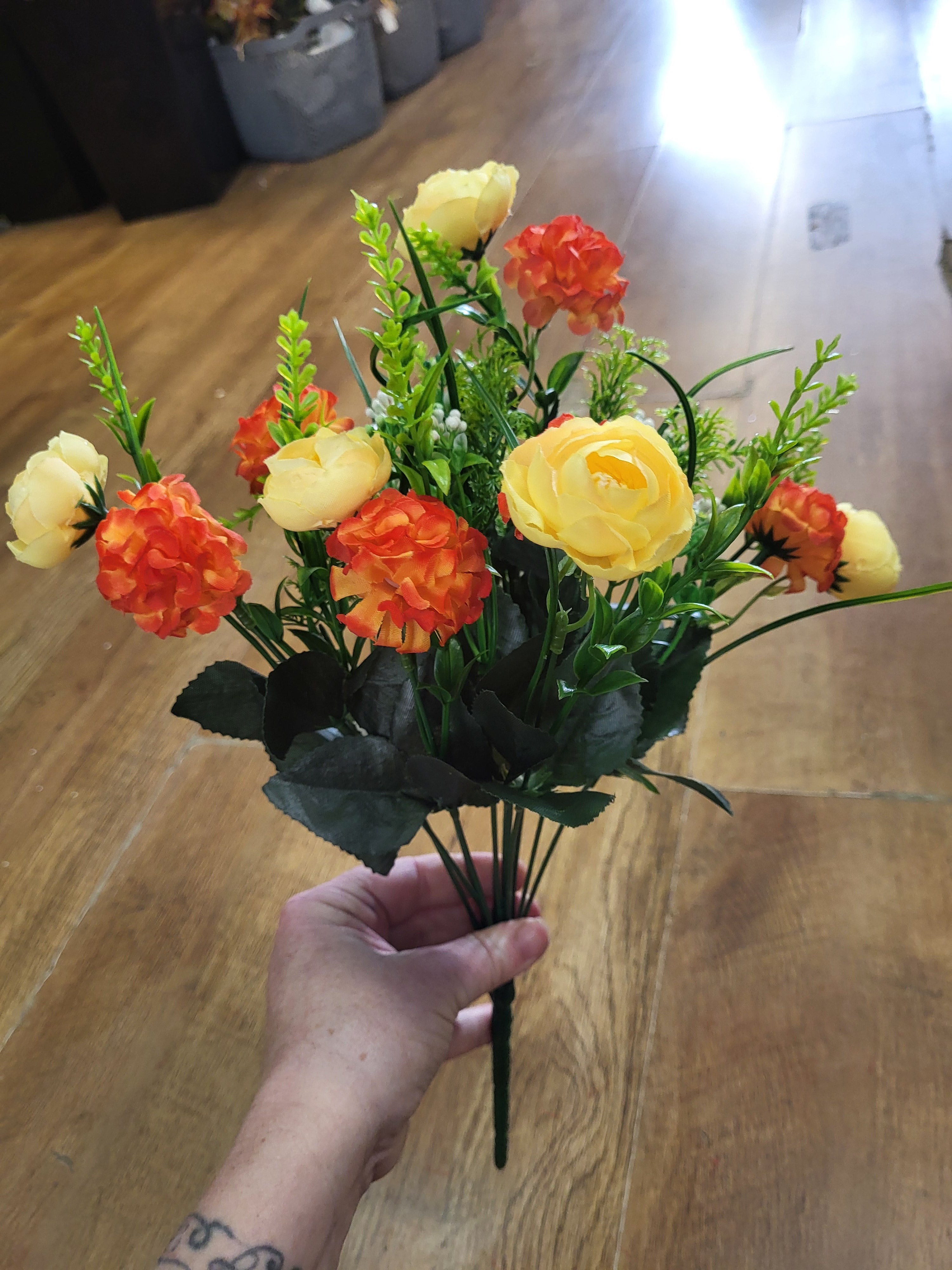 Yellow and orange mini ranunculus and pom bunch image 1