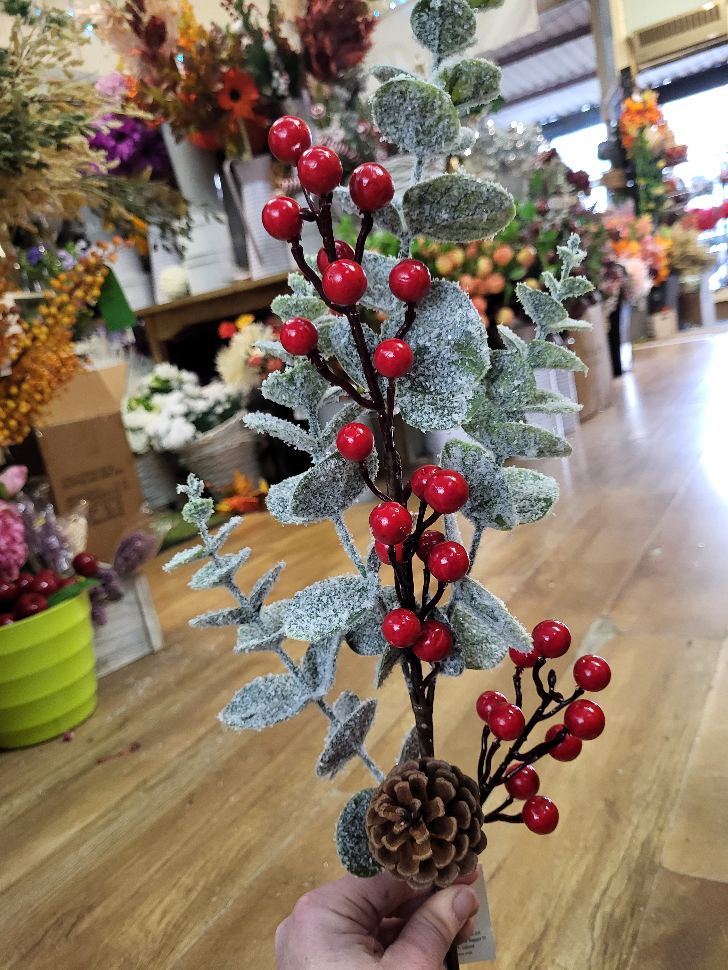 Long stem frosted eucalyptus and red berries winter branch  image 5