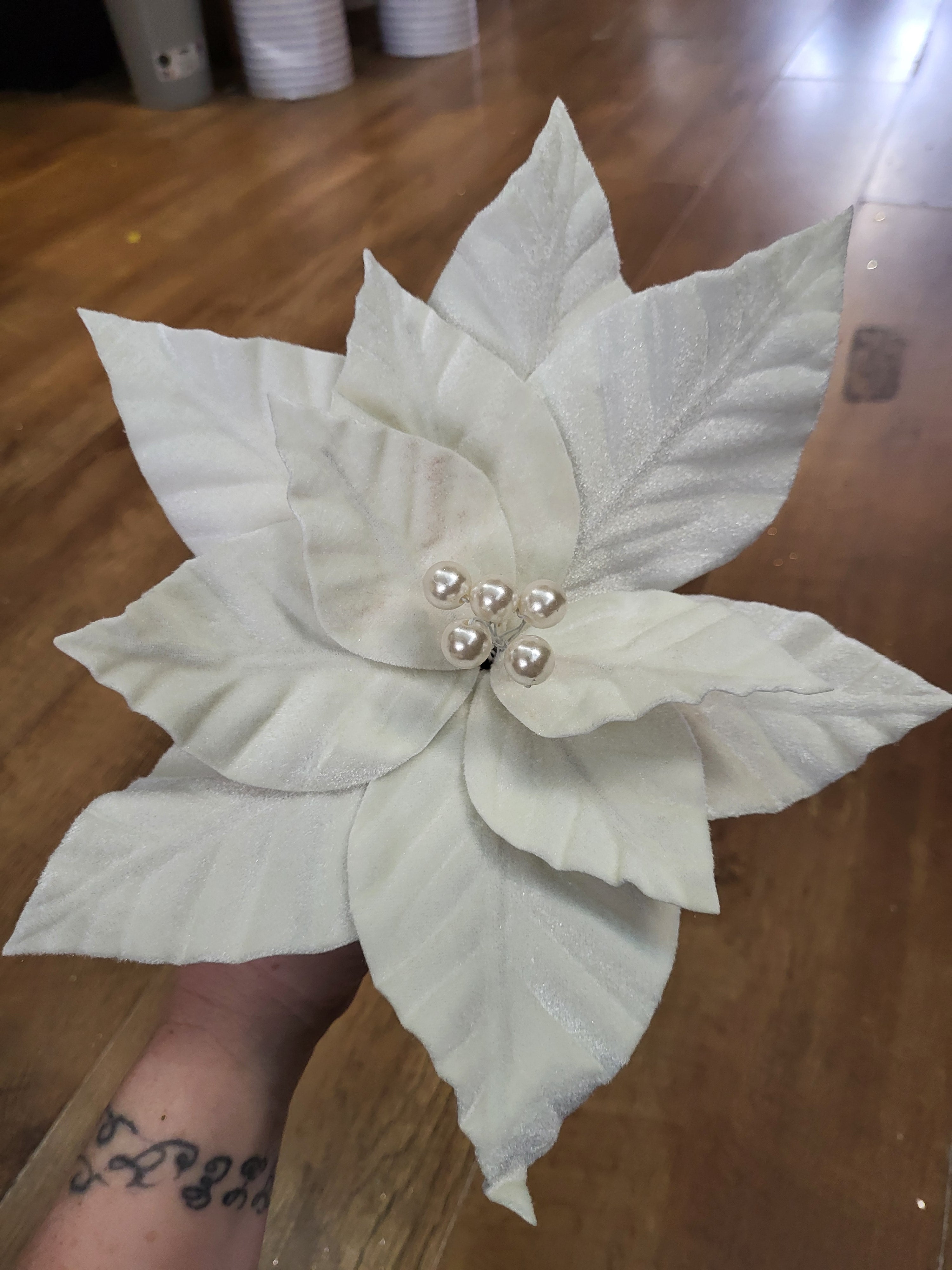 30cm single cream velvet poinsettia with pearls image 0