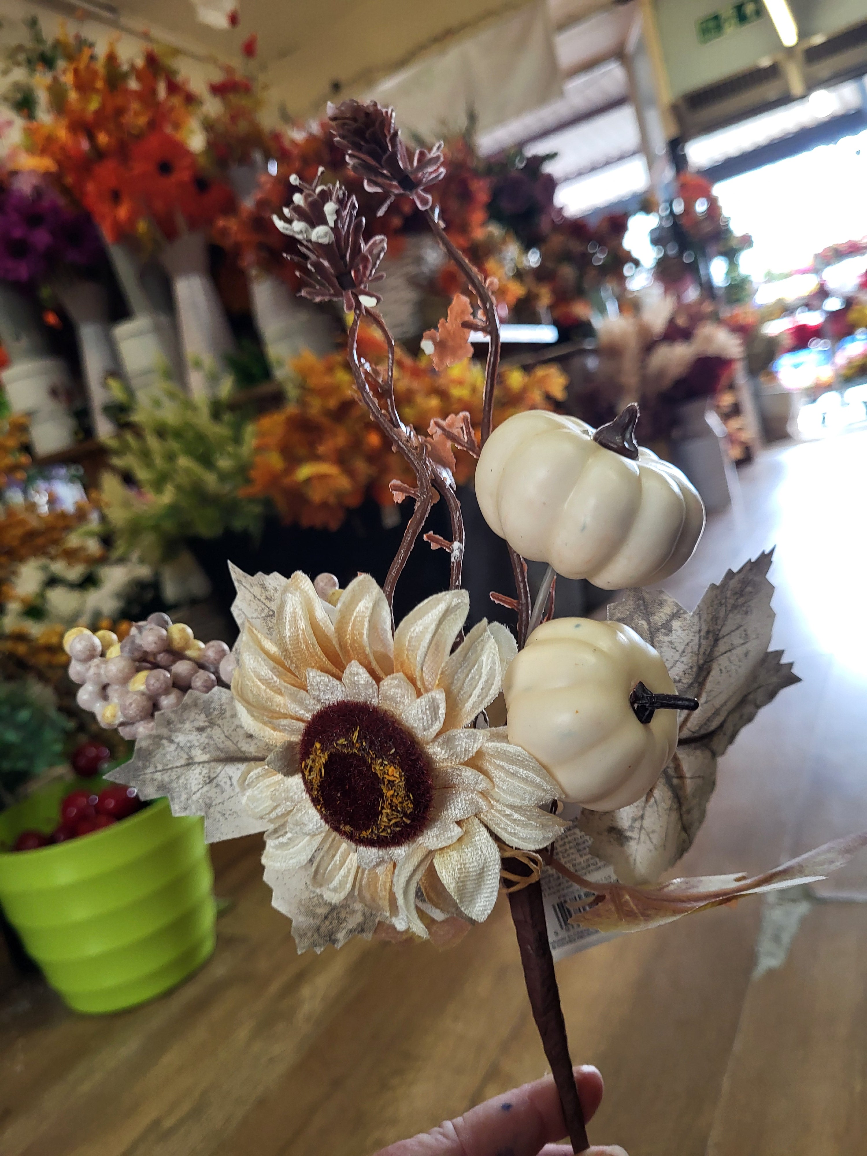 38cm luxury cream pumpkin pick with velvet sunflower image 0