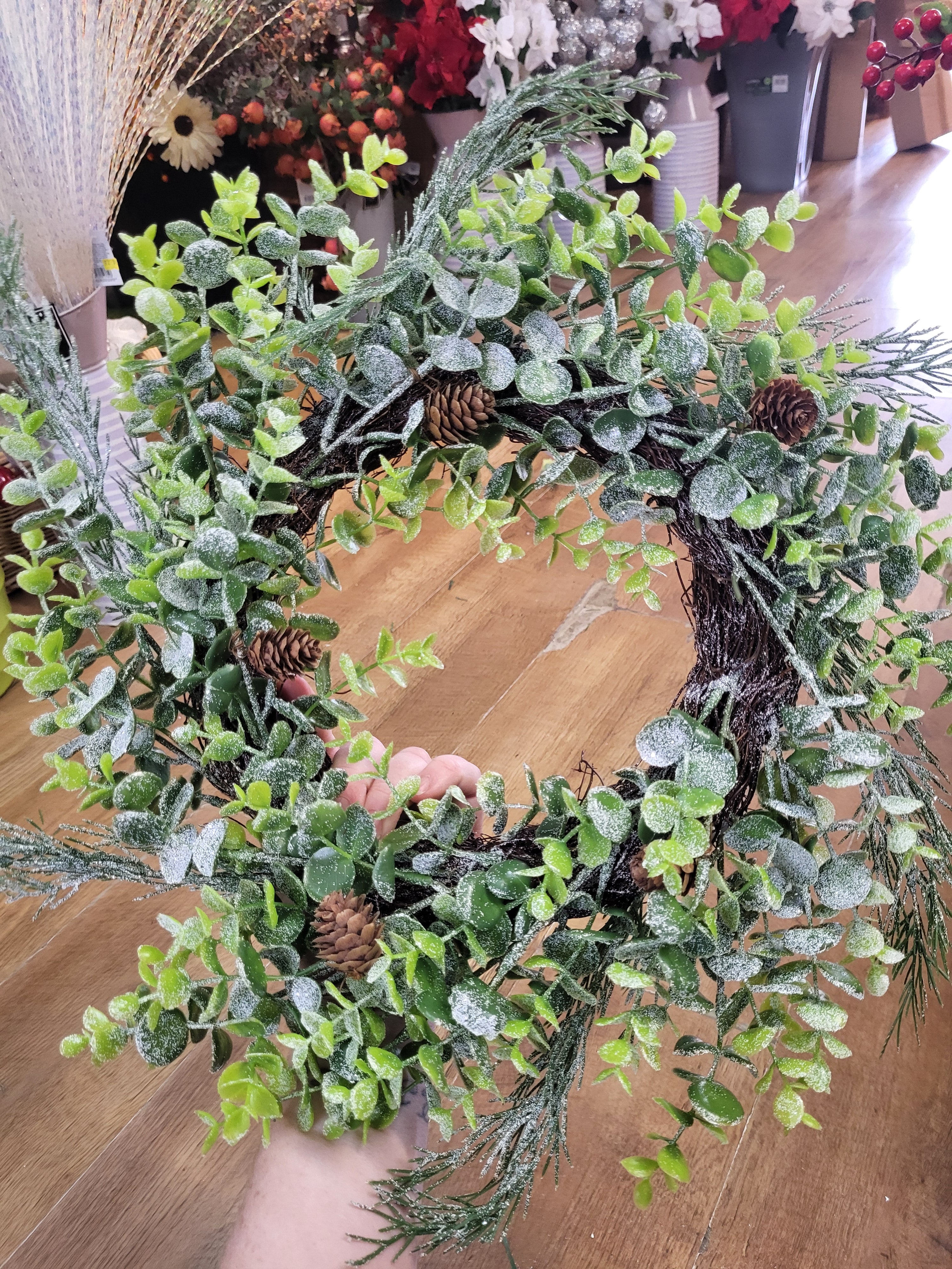 Frosted eucalyptus/cypress with miniature cones wreath  image 4