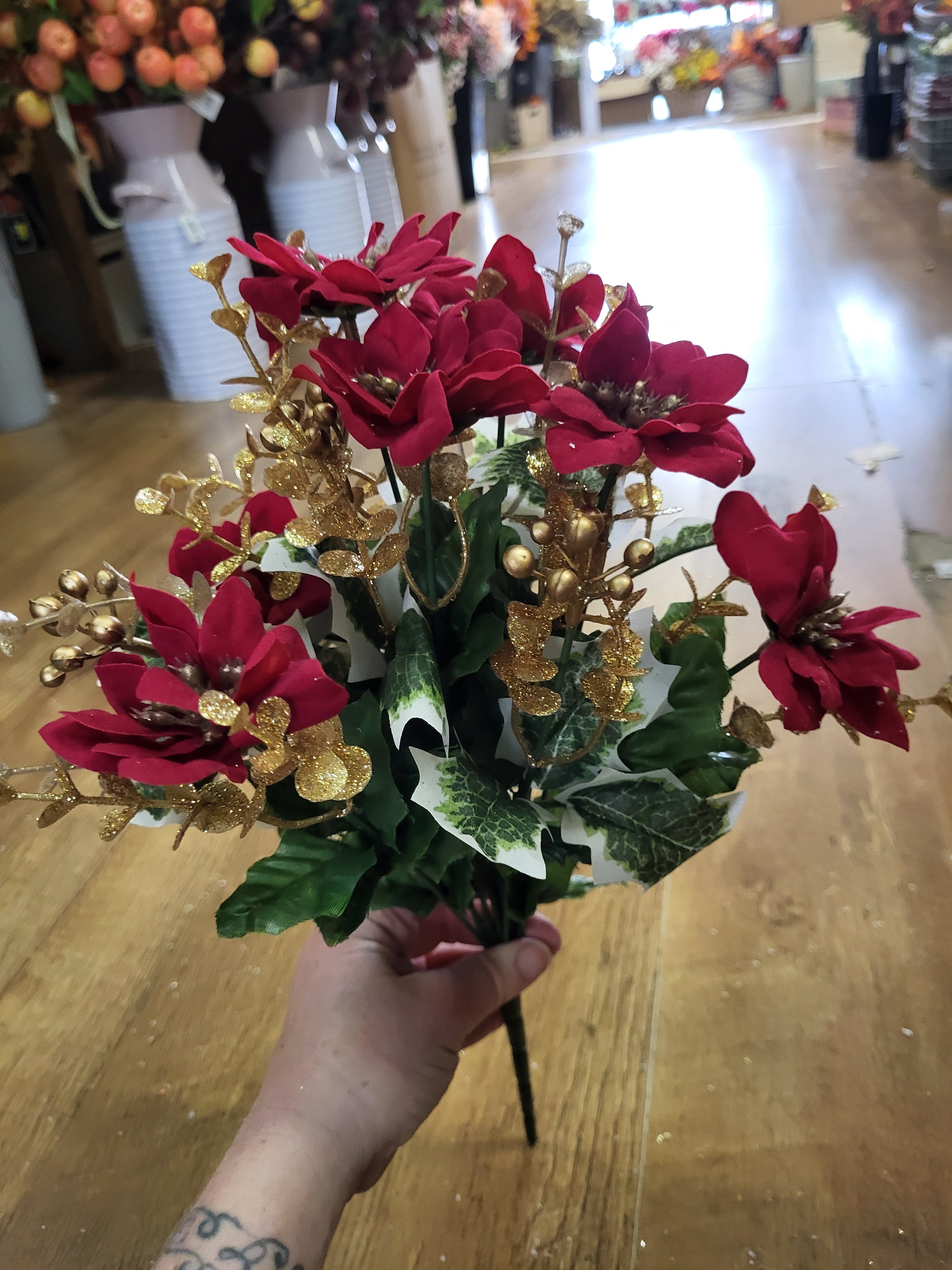 Mini velvet poinsettias and metallic eucalyptus bunch - 2 colours available image 3