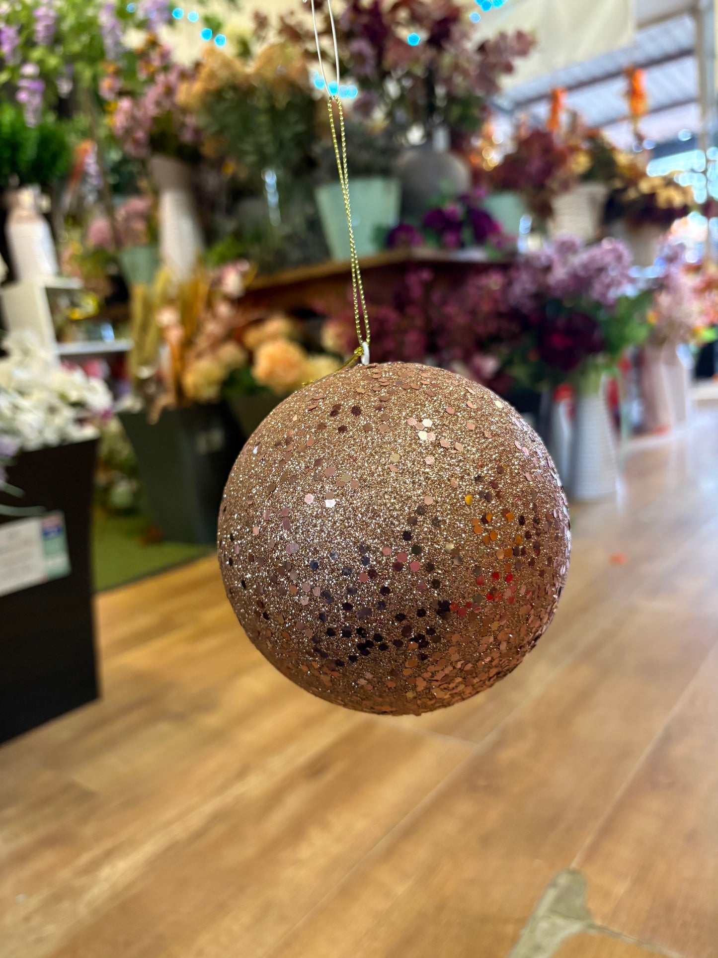 12cm rose gold glittered bauble