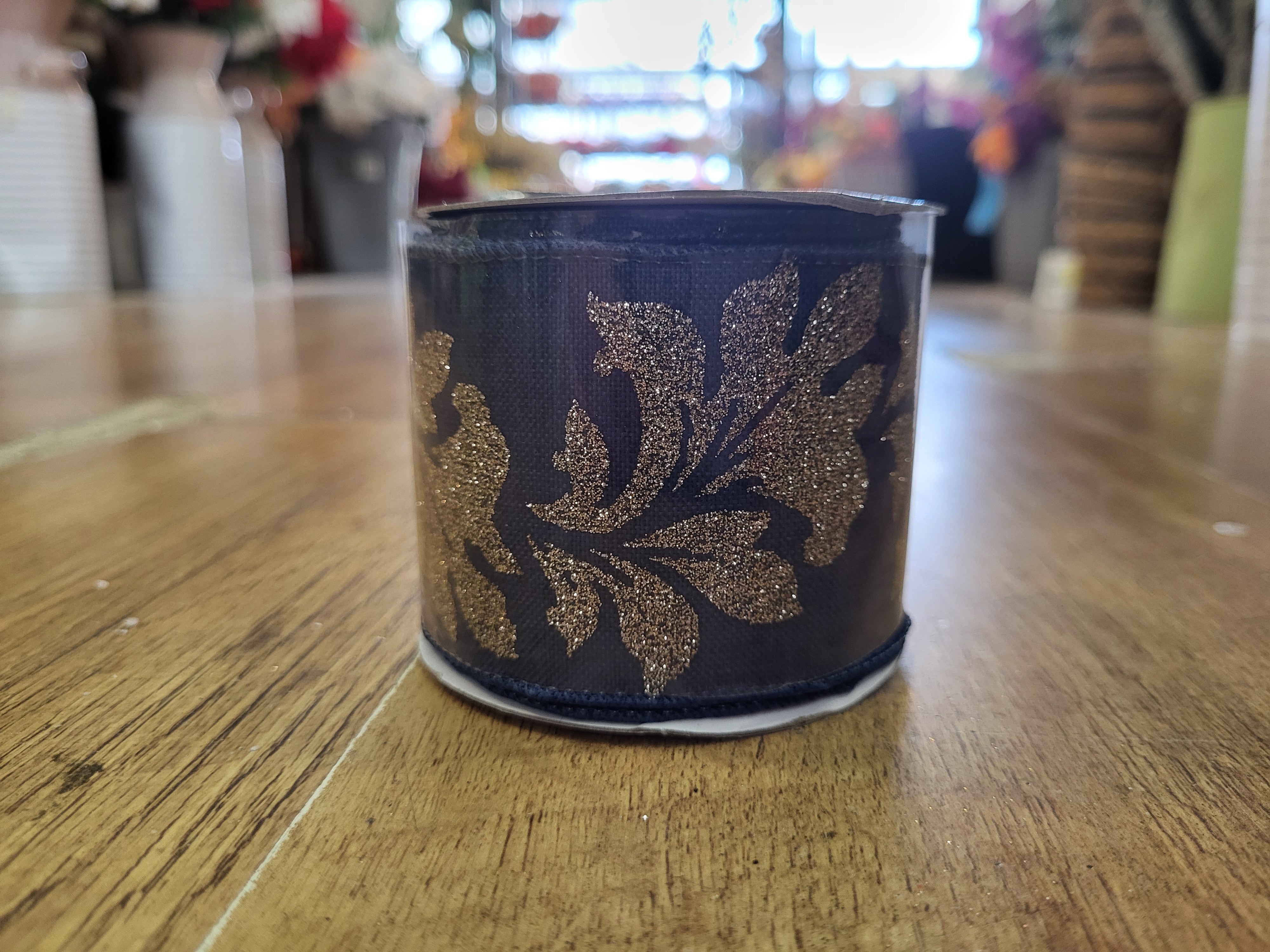 2.7m approx. roll of navy/champagne glitter damask wired ribbon image 1