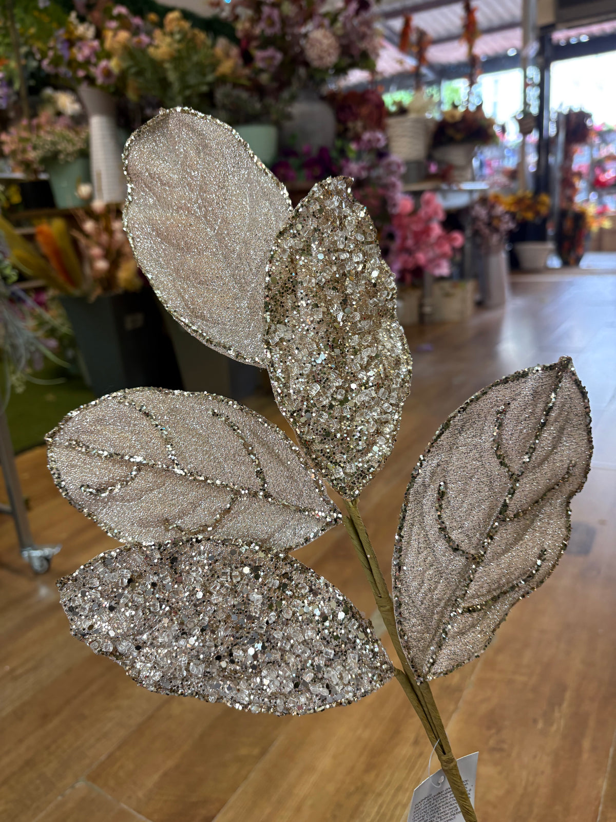 Champagne gold glittered foliage spray