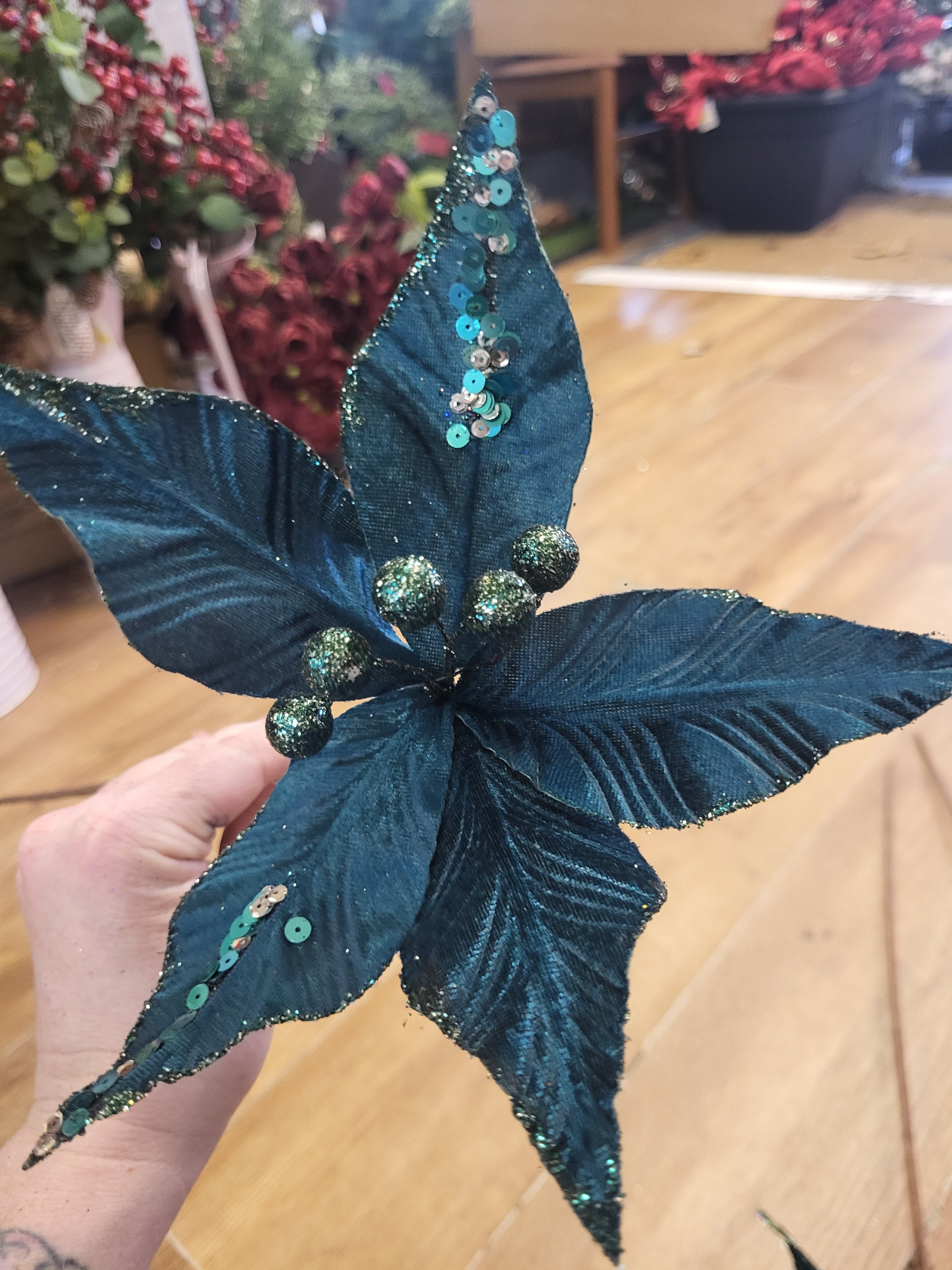 Long stem Teal velvet and glitter single poinsettia  image 1