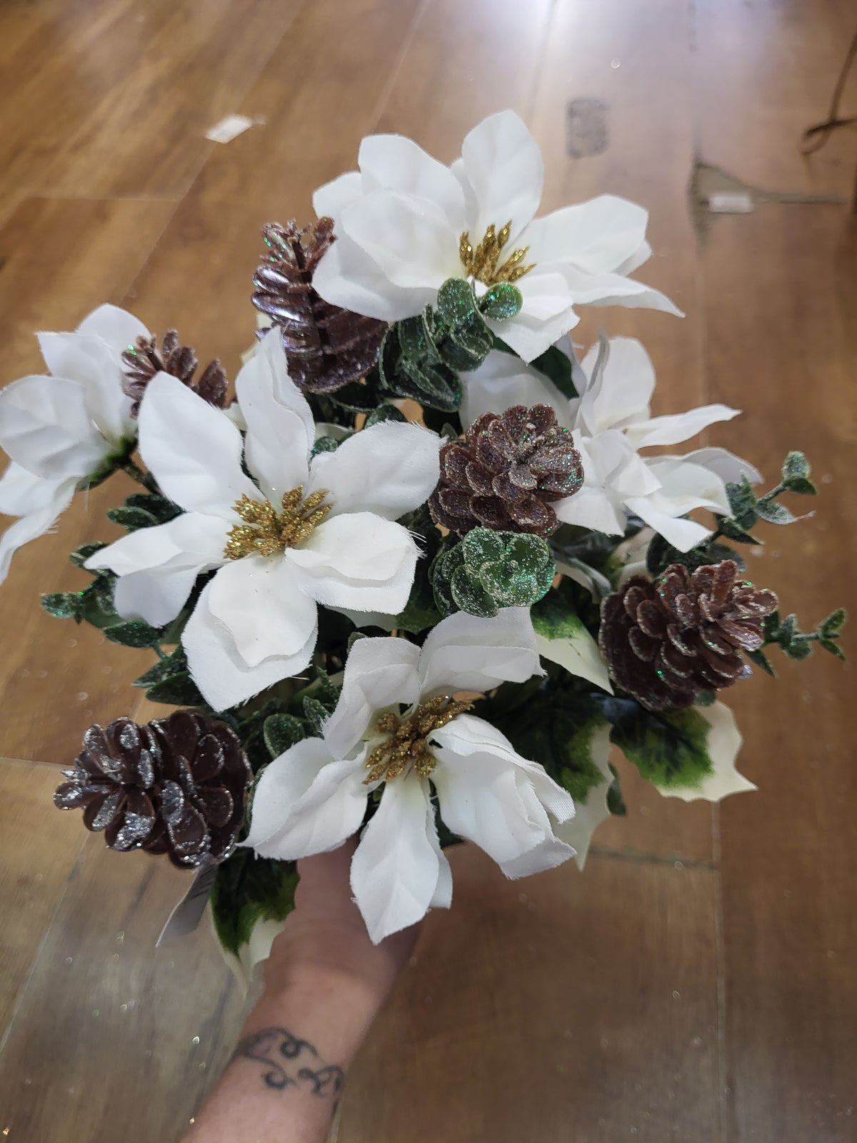 White poinsettia and frosted cone bunch image 4