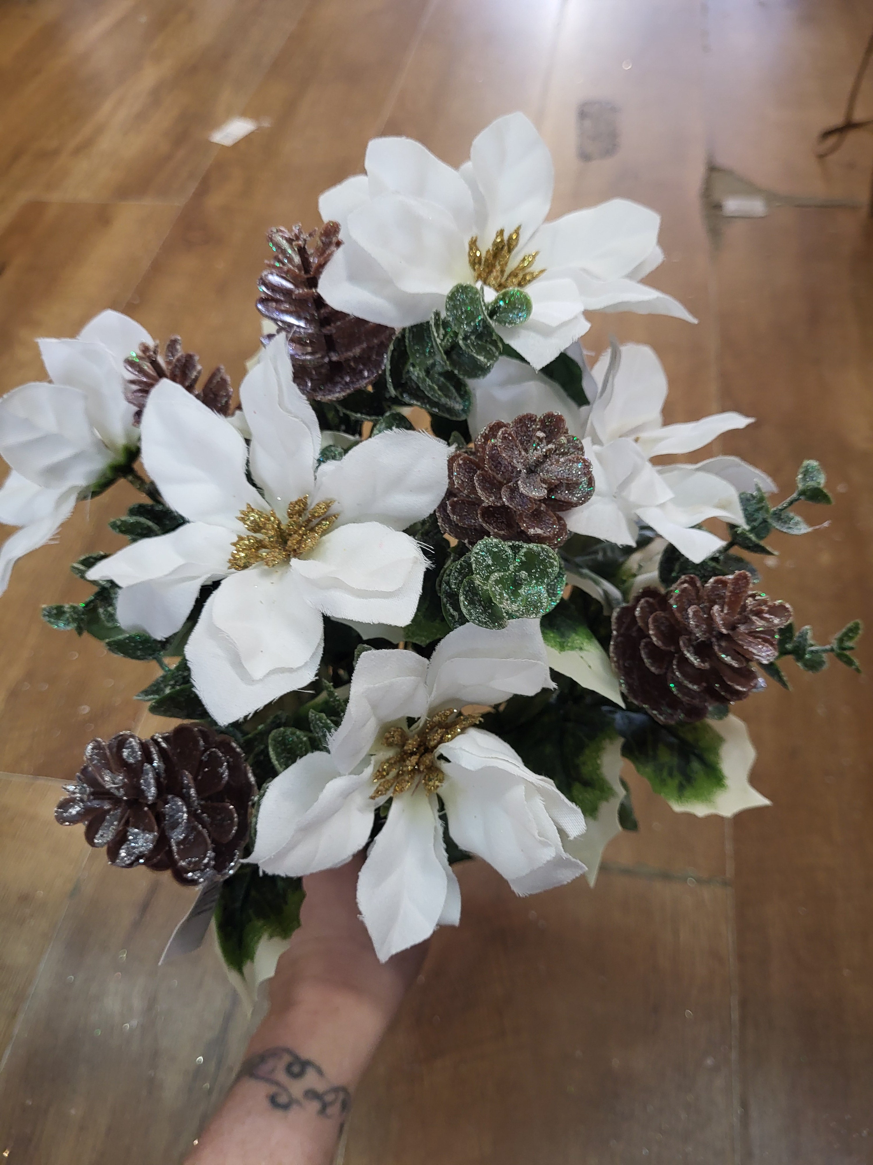 White poinsettia and frosted cone bunch image 4