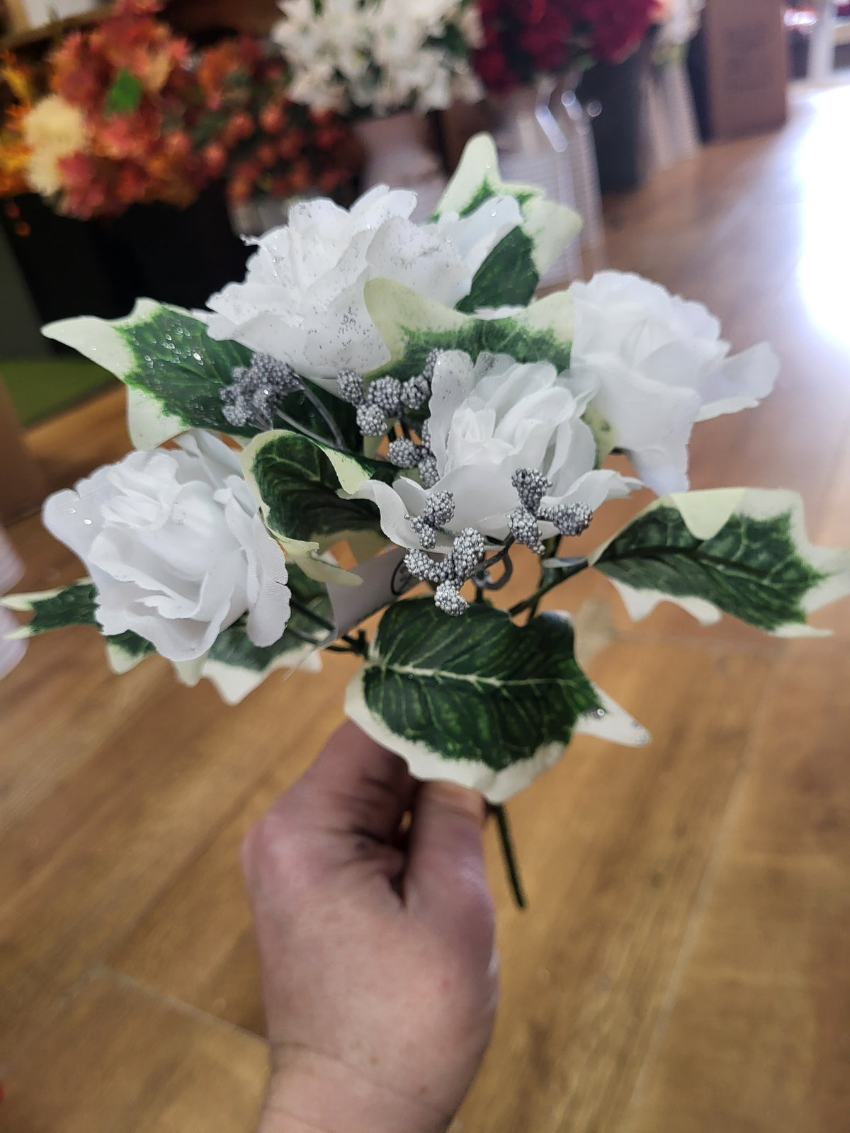Open rose and holly leaves bunch - 3 colours available image 5
