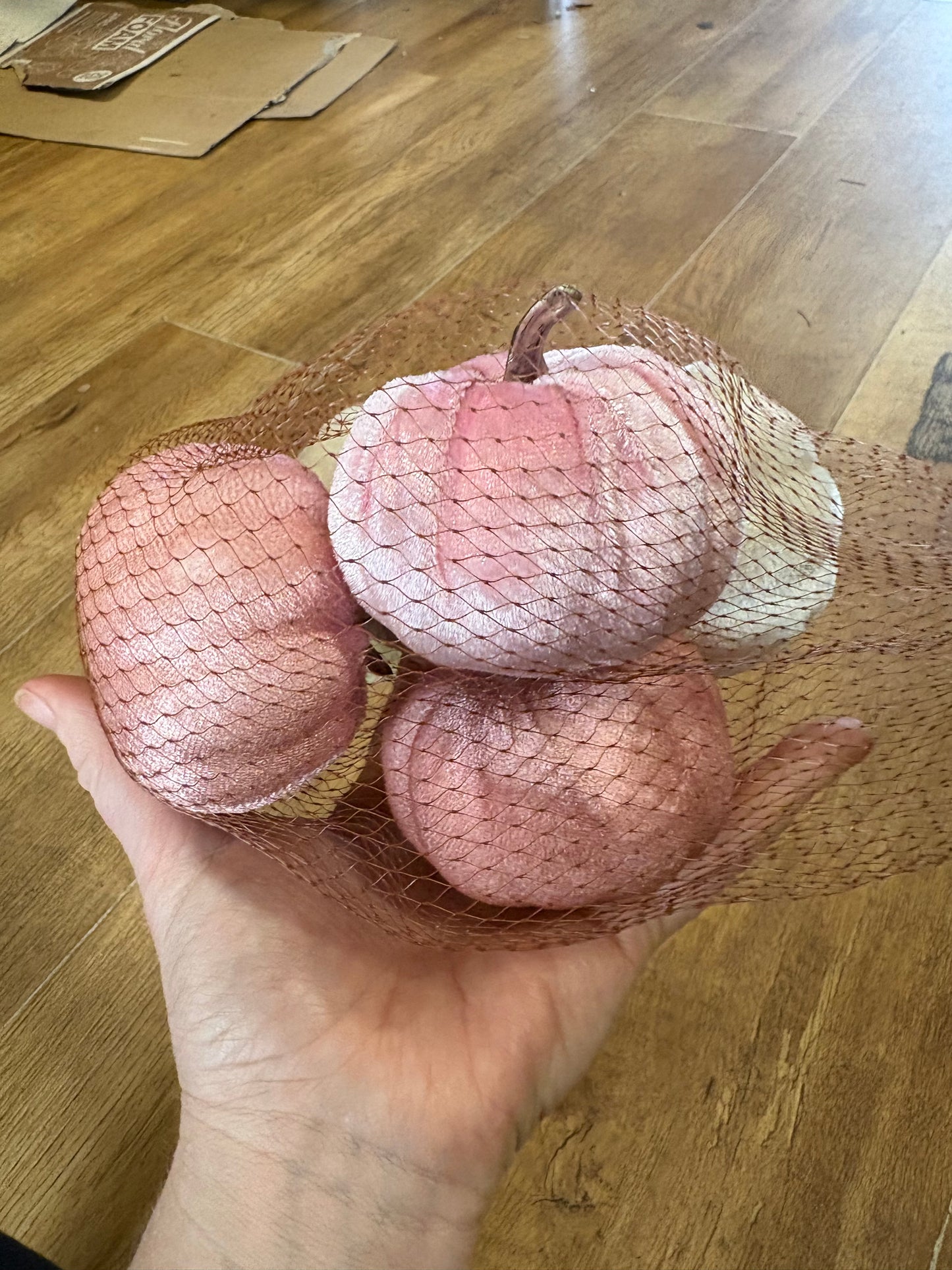 5 pinks and ivory small velvet pumpkins