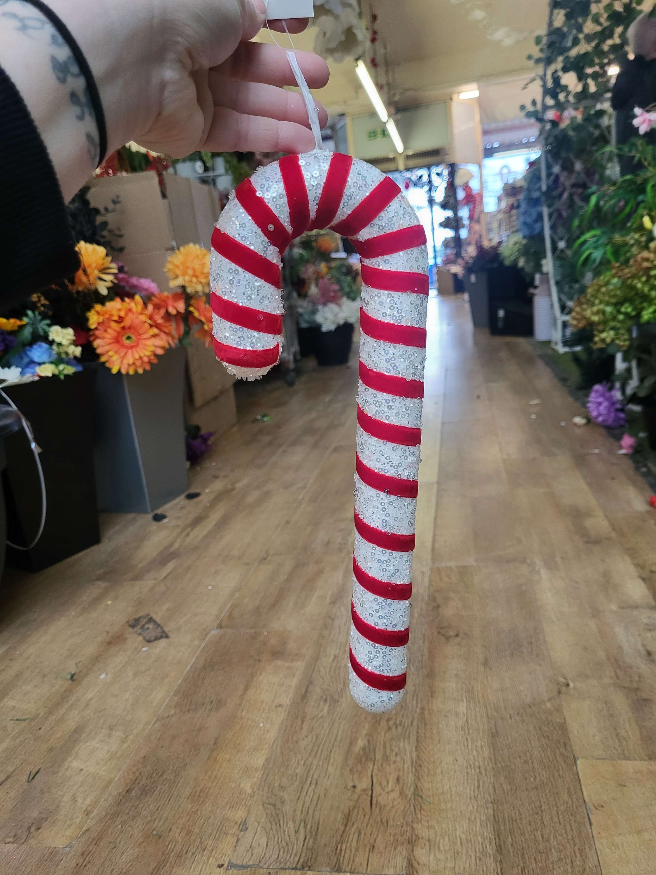34cm red and white sequin hanging candy cane image 0