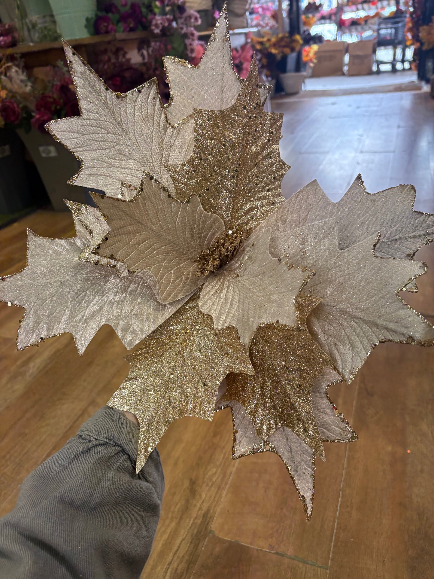 Large champagne and gold, velvet and glittered poinsettia