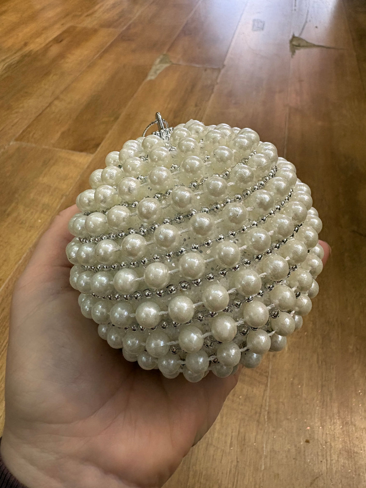 Elegant white pearl and silver beading 10cm bauble