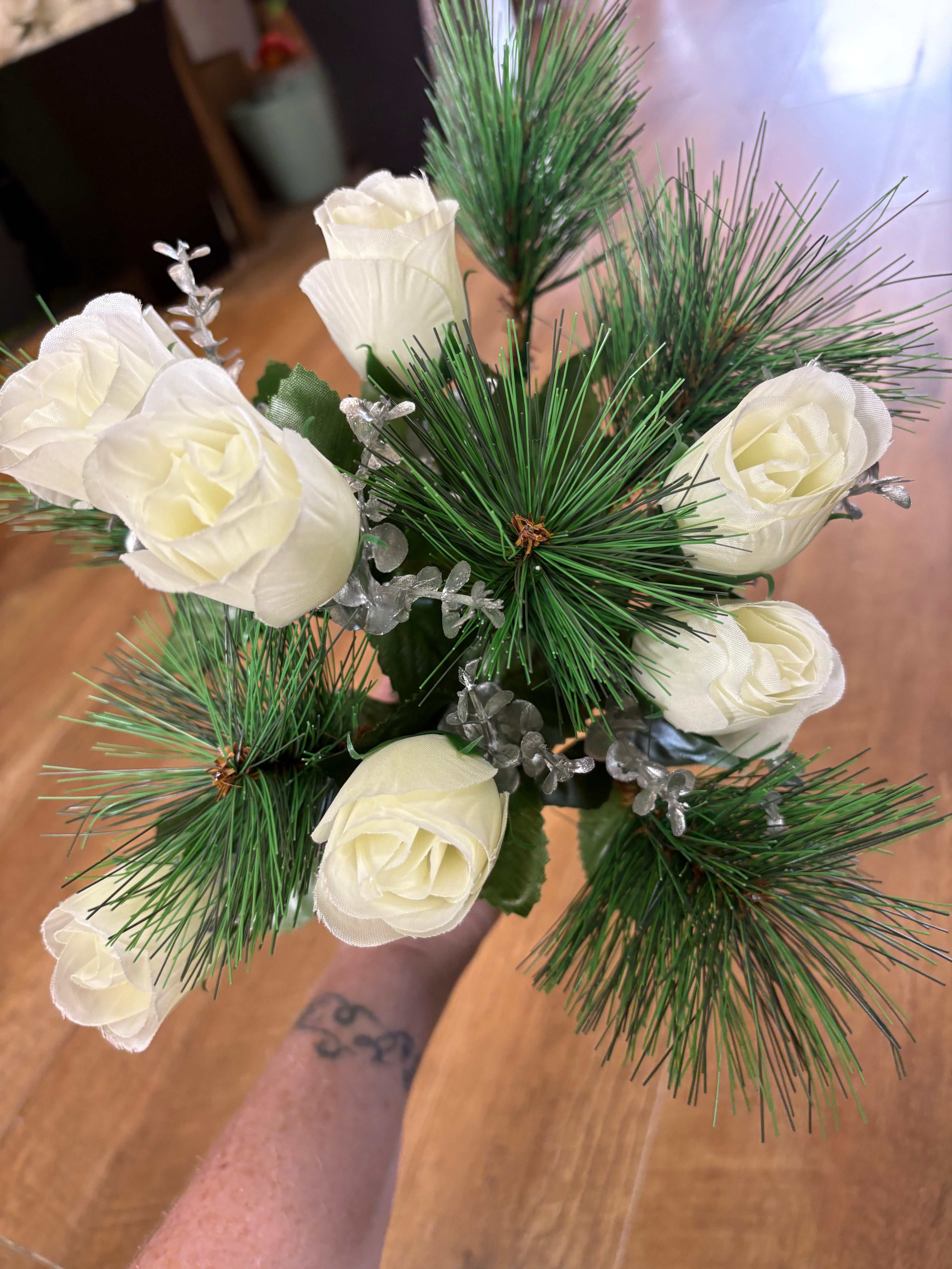 Rosebud,eucalyptus and pine bouquet - ivory and silver