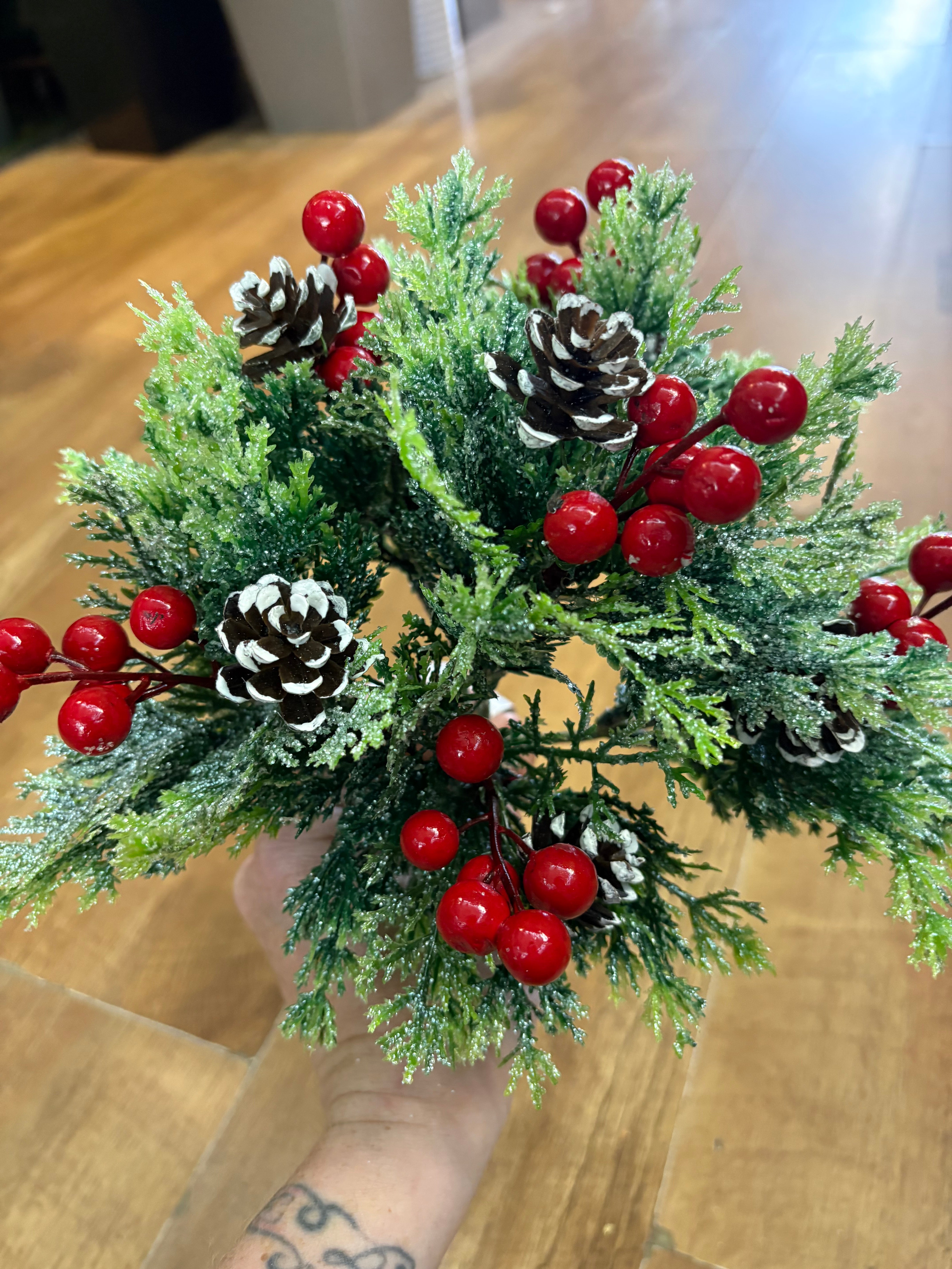 6 stemmed glittered foliage, miniature cone and red berry bunch