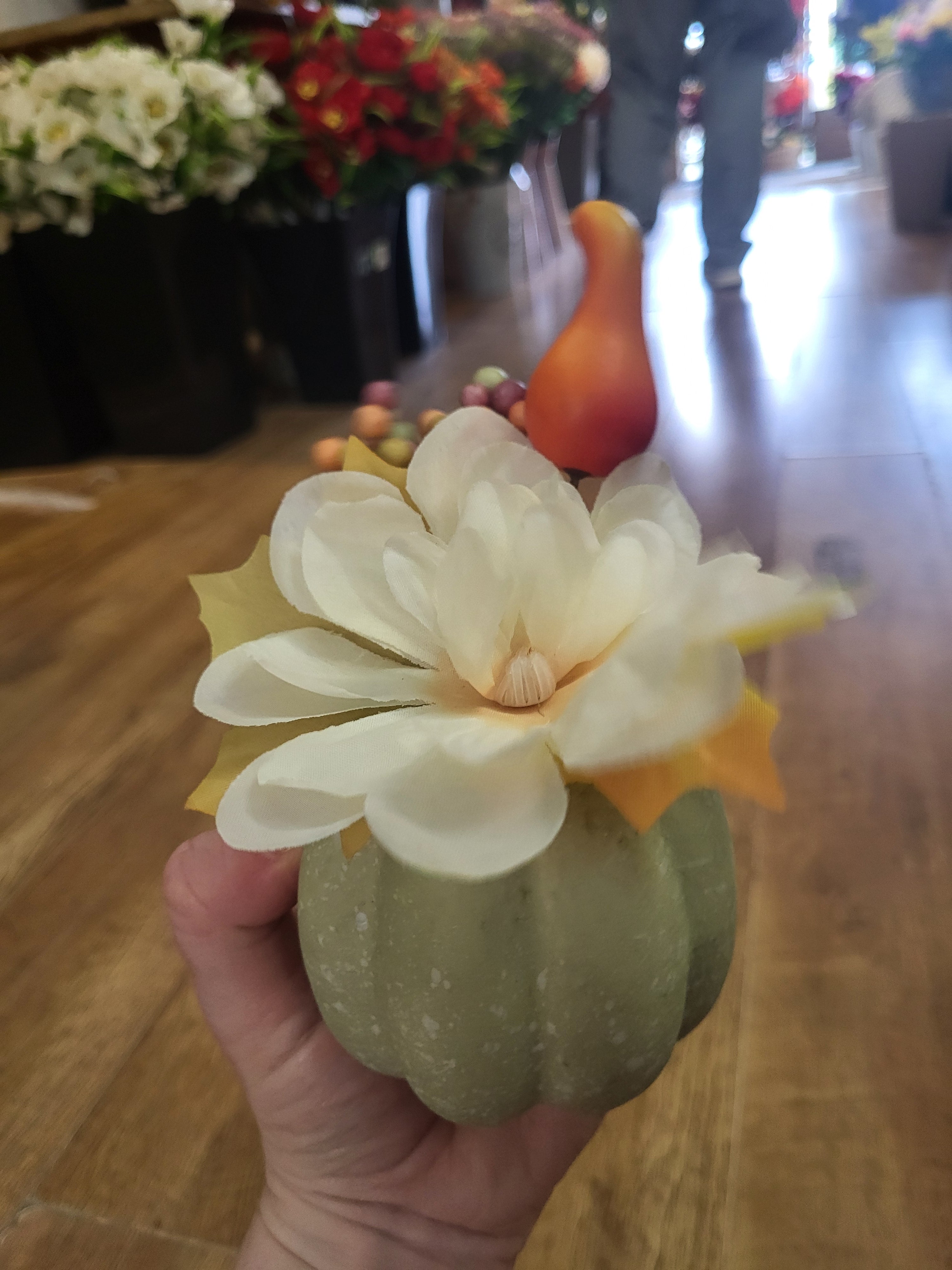 Small decorated pumpkin with cream flower image 2