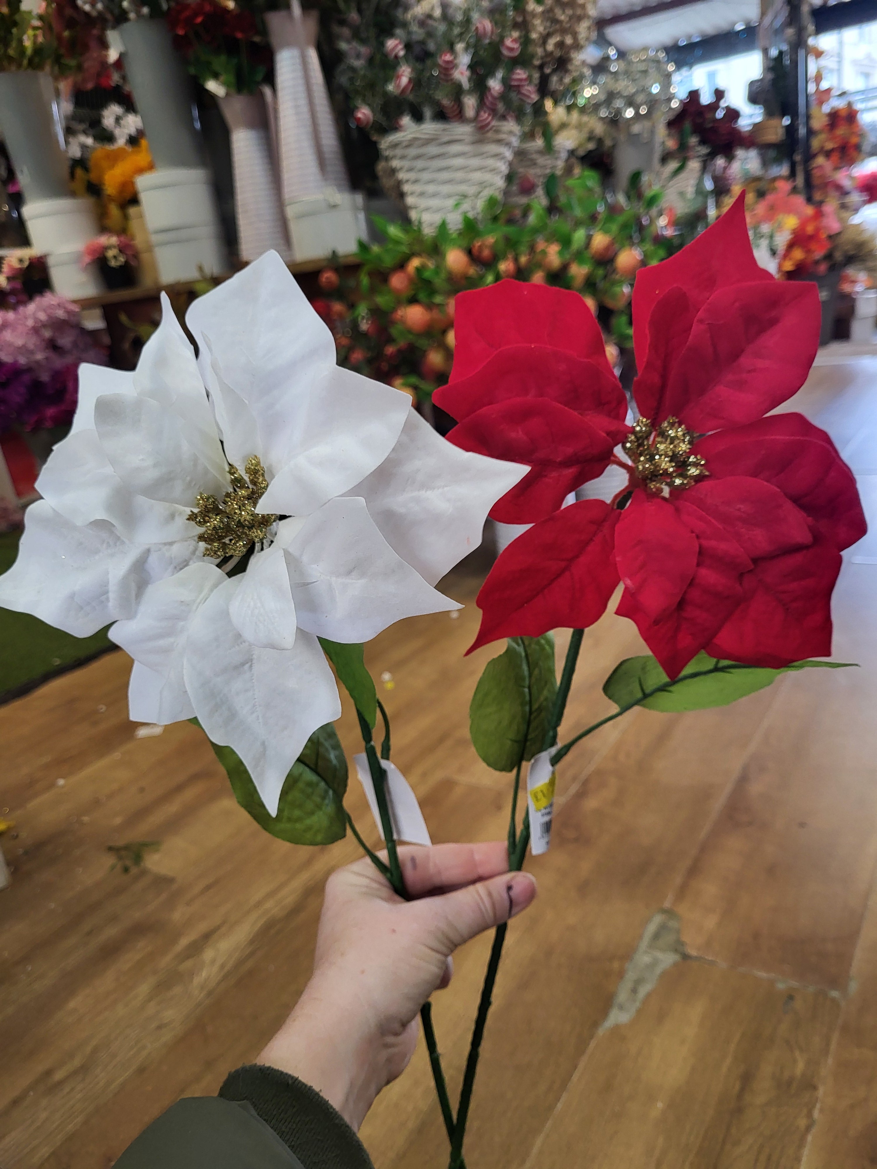 Long stem large headed poinsettia with glittered centre - 2 colours available image 0