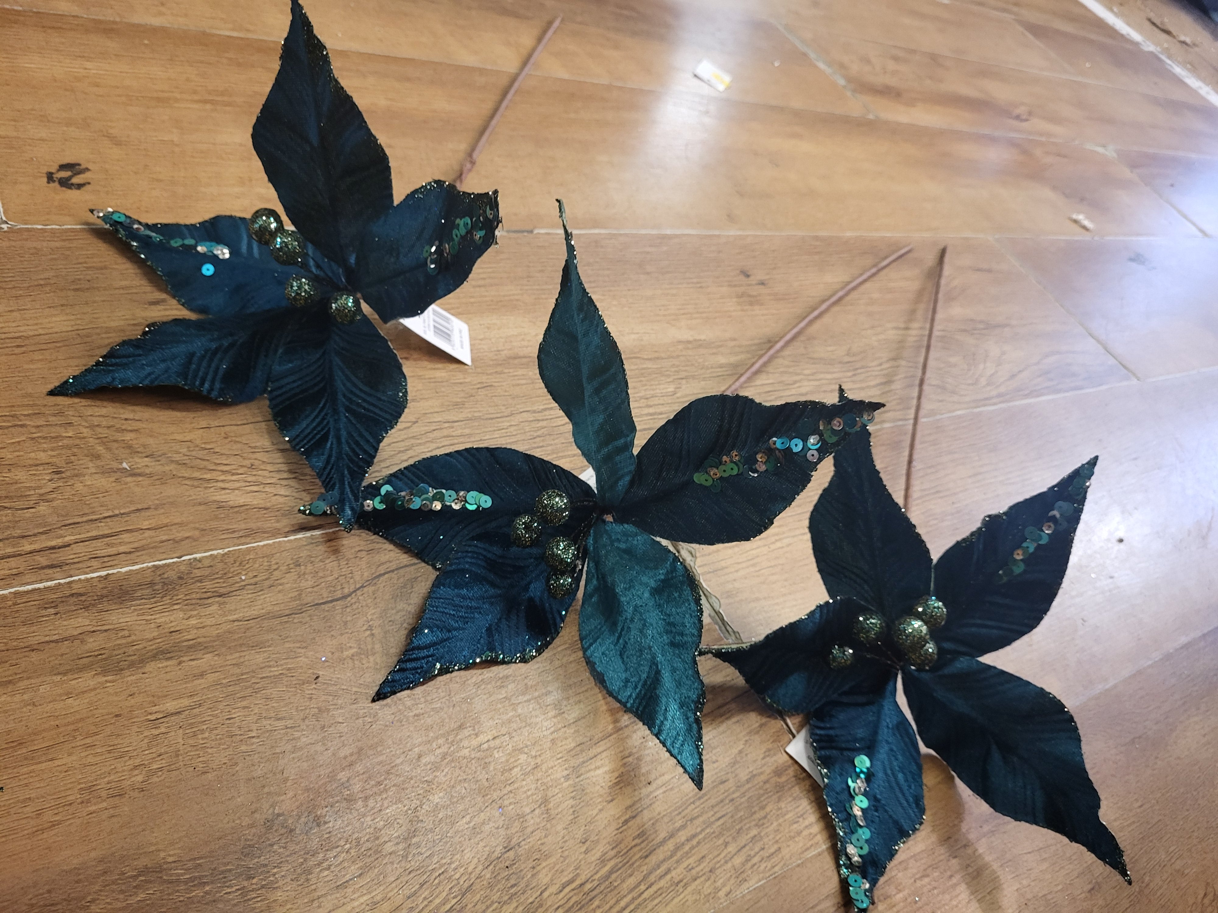 Bundle of 3 Long stem Teal velvet and glitter single poinsettias image 3
