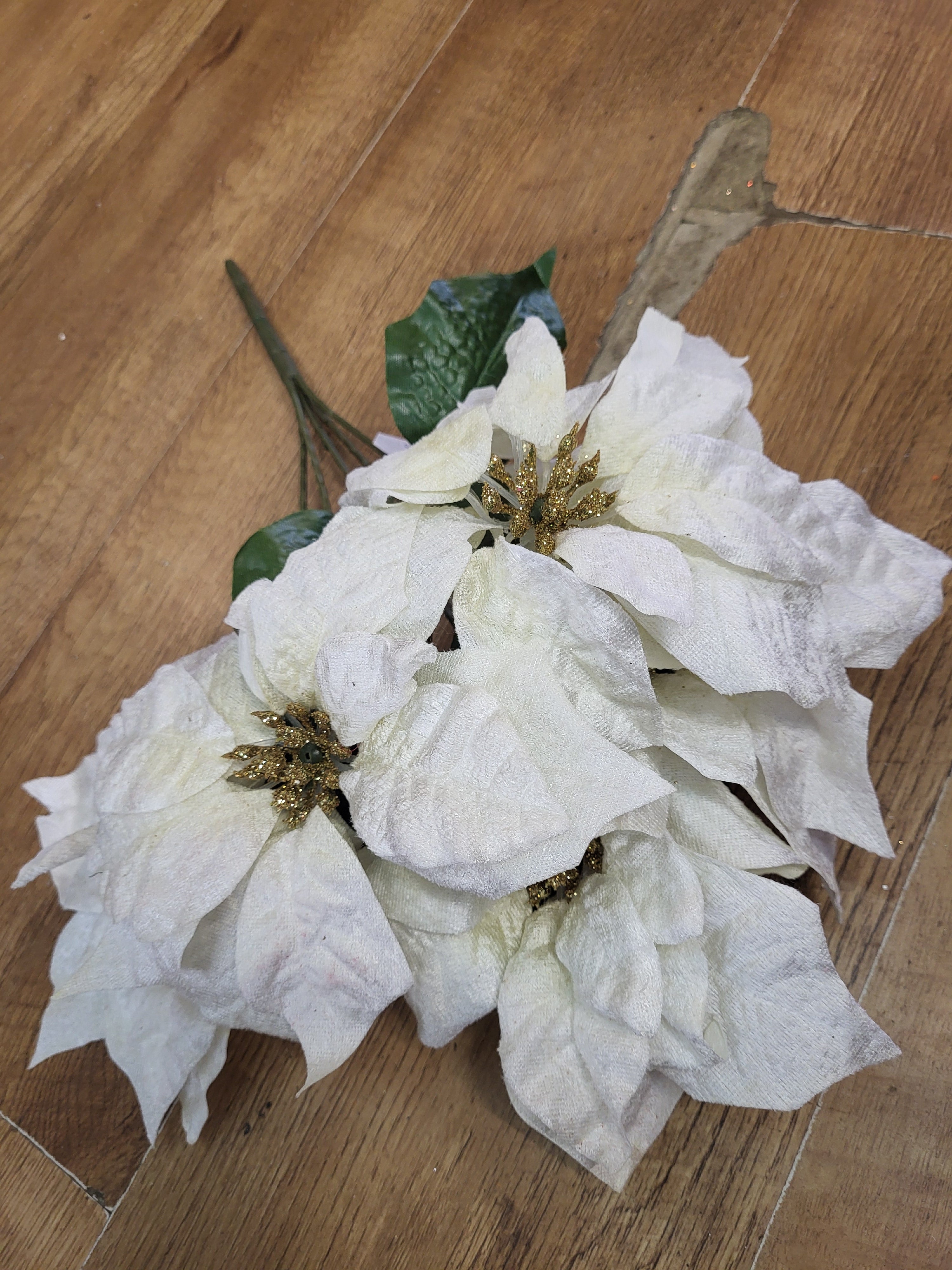 Velvet poinsettia bouquet, 5 large sized heads  - cream and gold image 0