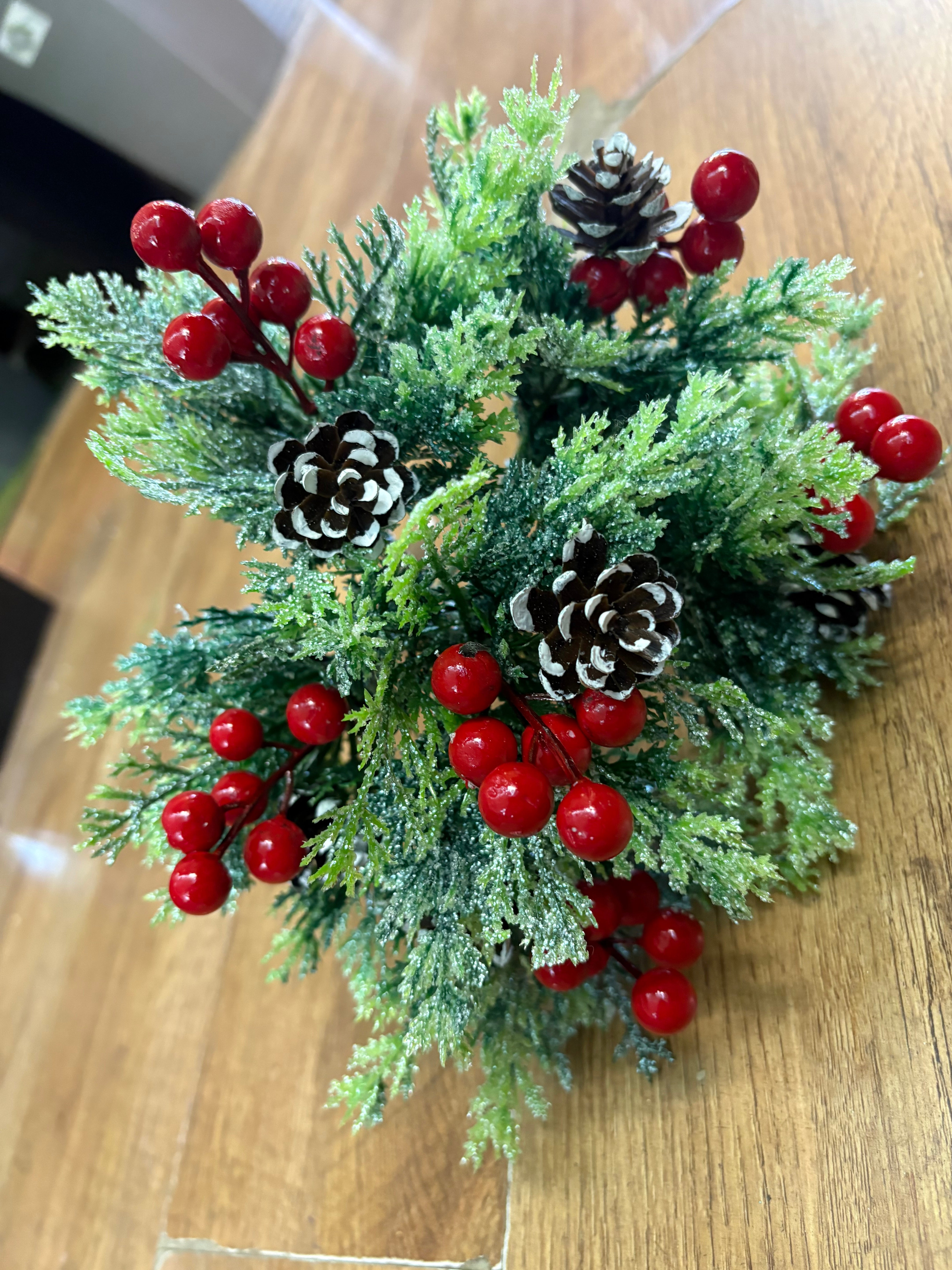 6 stemmed glittered foliage, miniature cone and red berry bunch