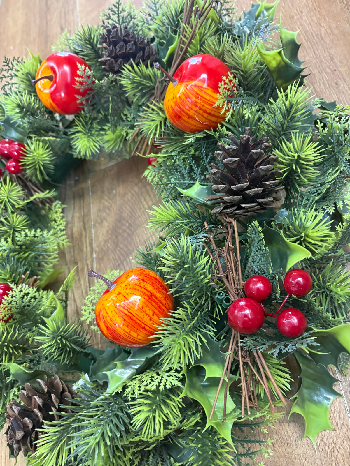 18” wreath with apples, berries and cones