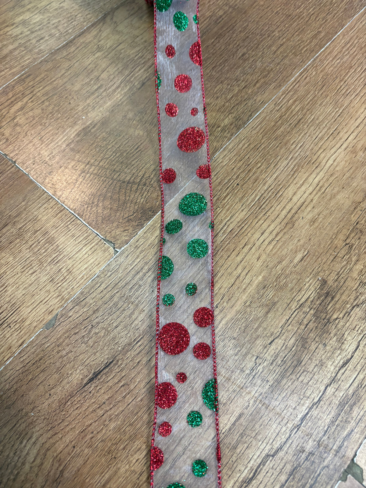 1.5 inch red and green glittered spotty wired ribbon - 1 metre
