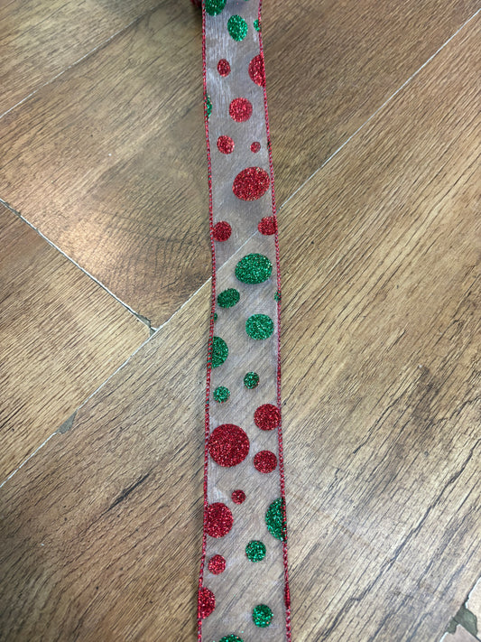1.5 inch red and green glittered spotty wired ribbon - 10 metres