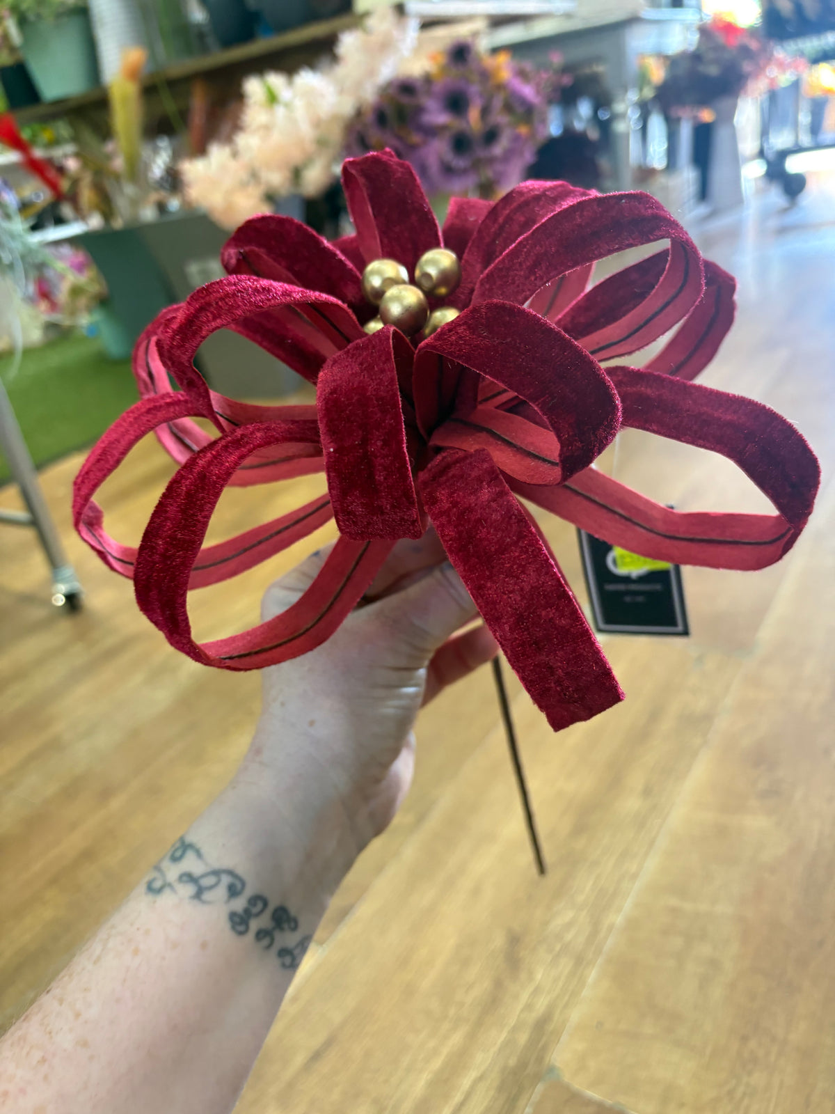 Wired burgundy velvet and gold berry Christmas decor stem