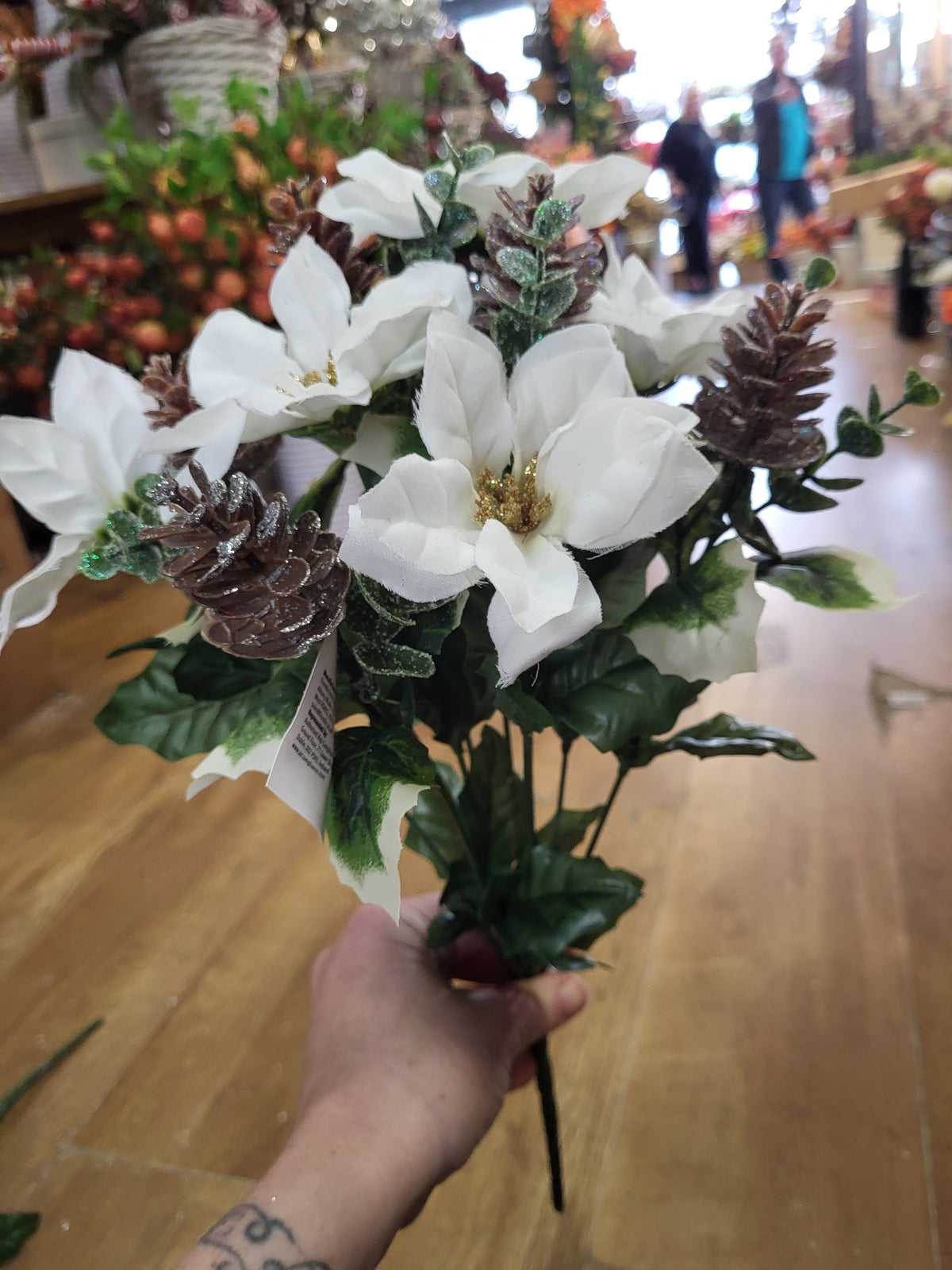 White poinsettia and frosted cone bunch image 5
