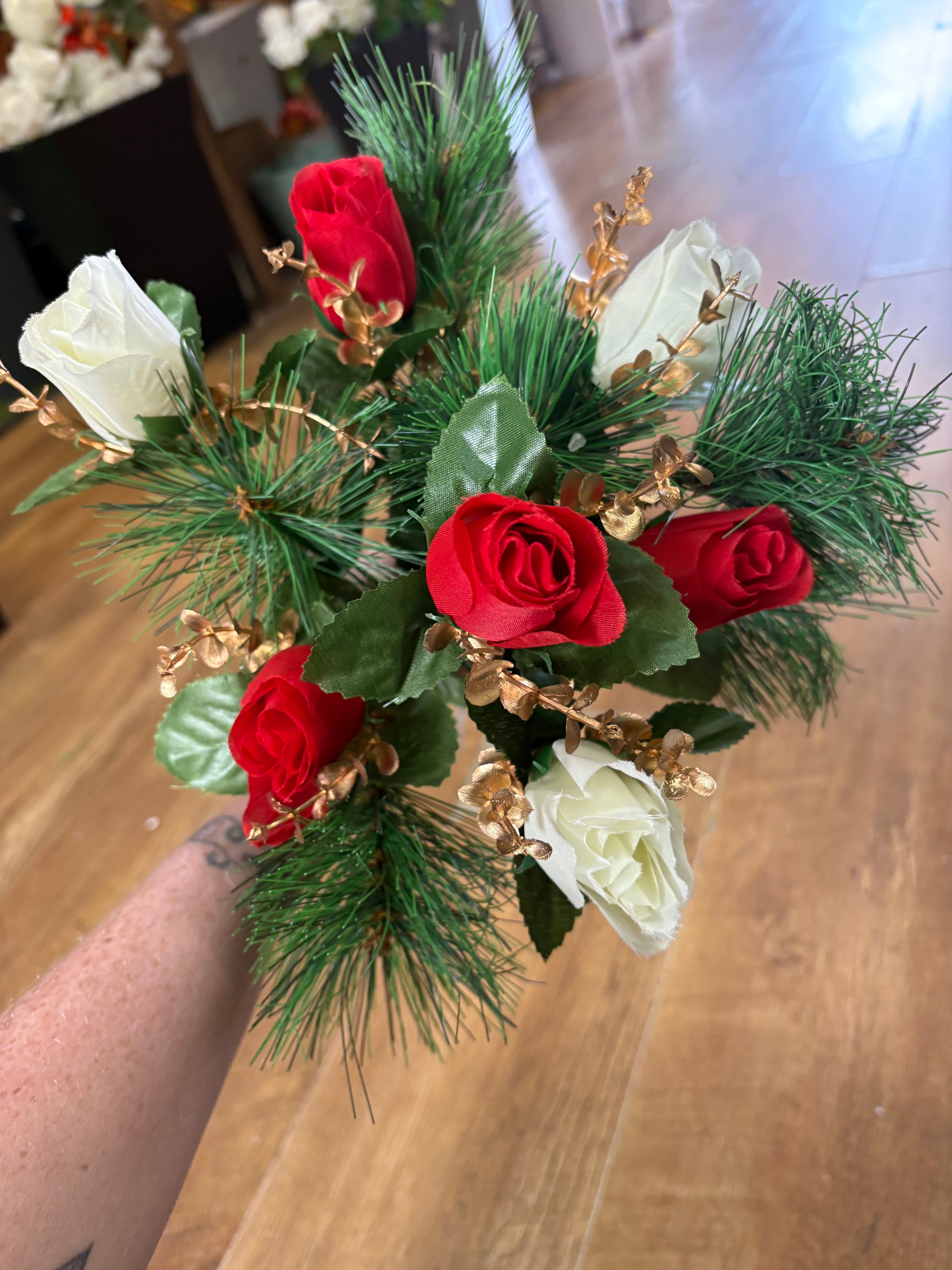 Rosebud, eucalyptus and pine bouquet - red, ivory and gold