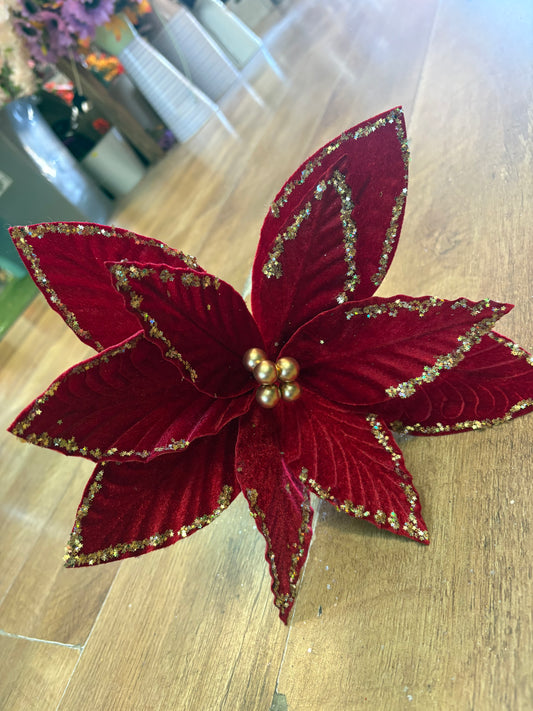 Red velvet and gold glittered poinsettia