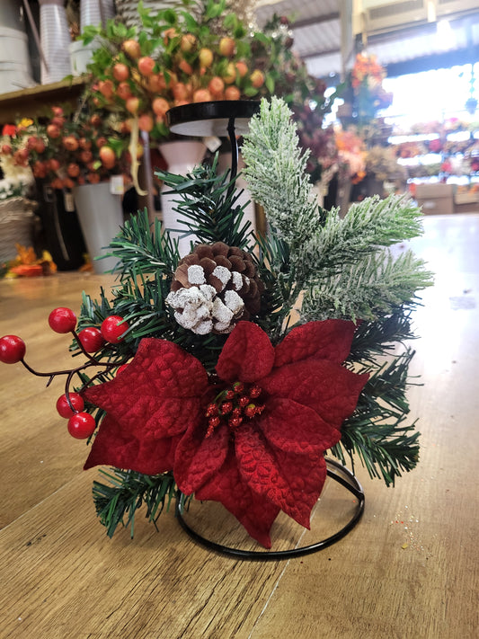 Red poinsettia and snowy foliage decorated metal candle holder image 0