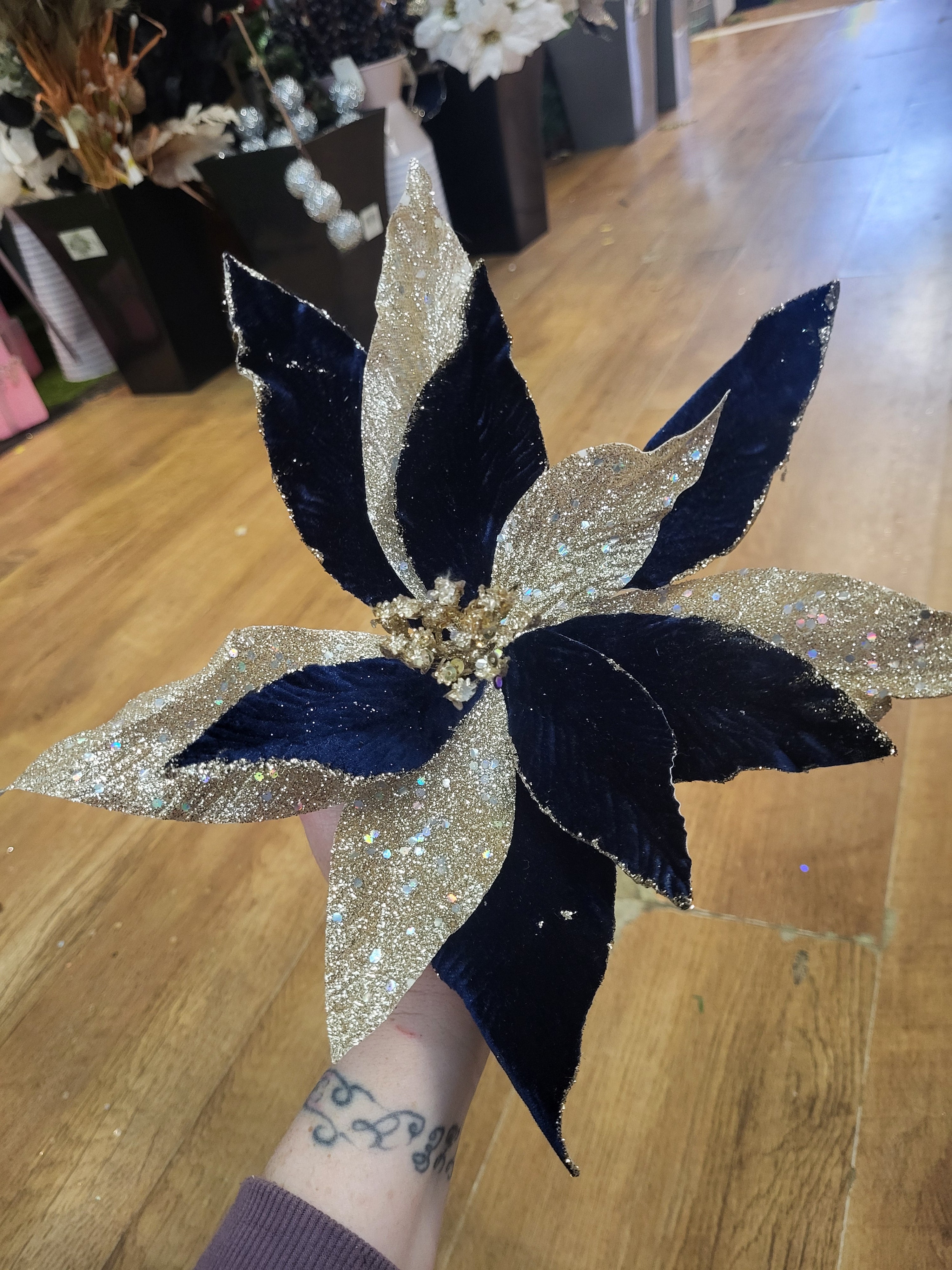 Navy velvet and champagne gold glittered single poinsettia image 3
