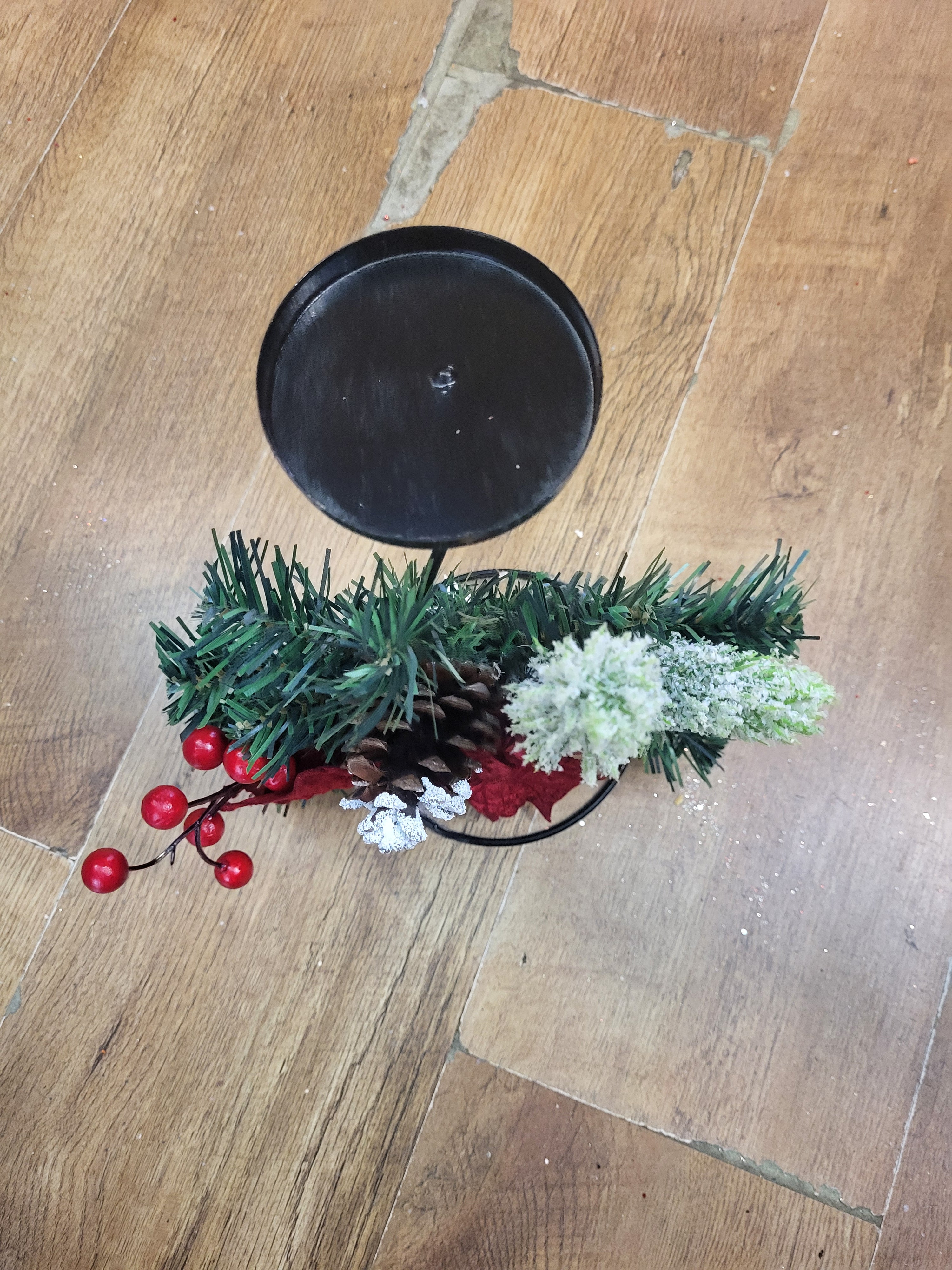 Red poinsettia and snowy foliage decorated metal candle holder image 5
