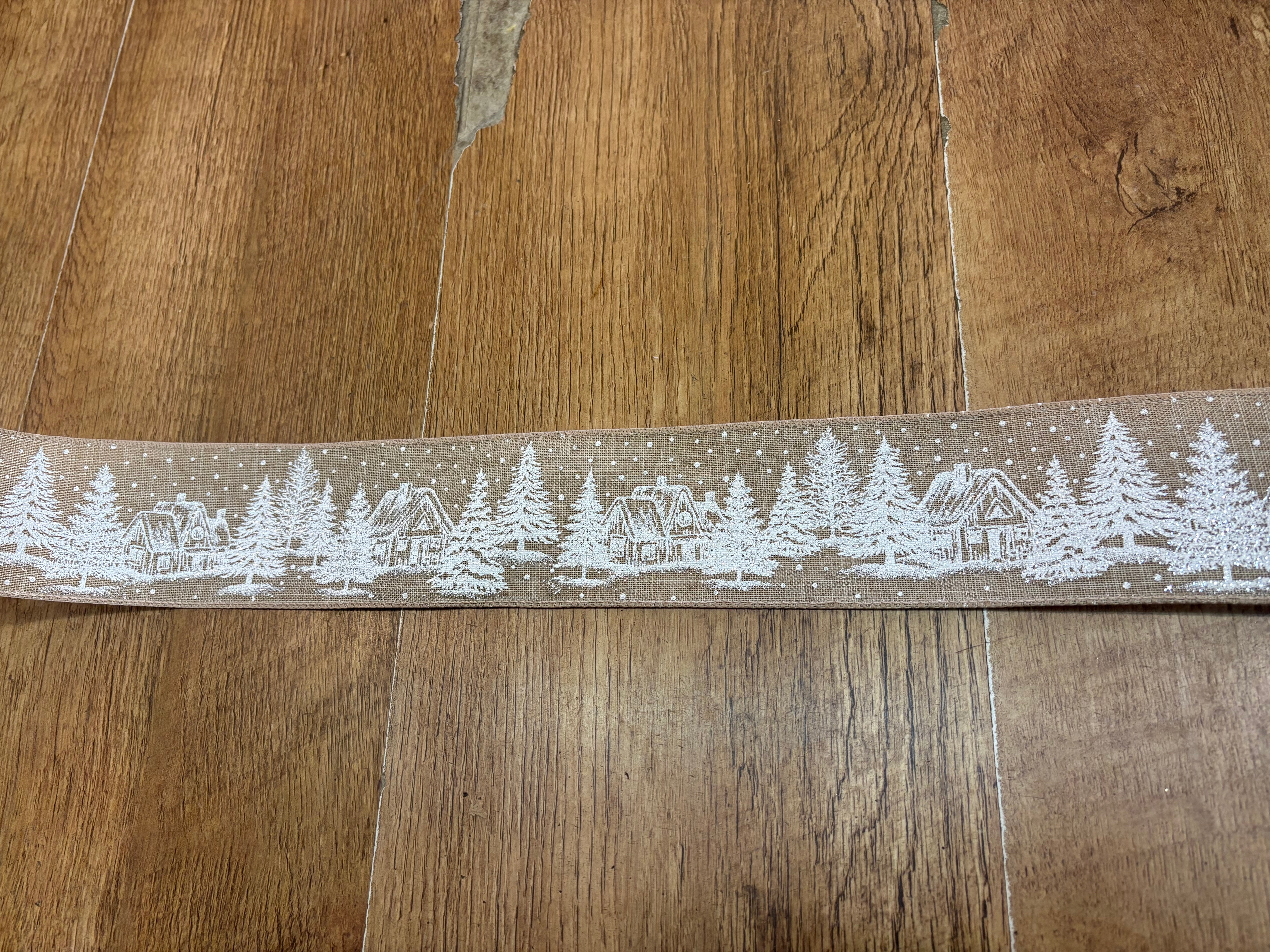 2.5 inch wide burlap and snowy scene wired ribbon - 10 metres