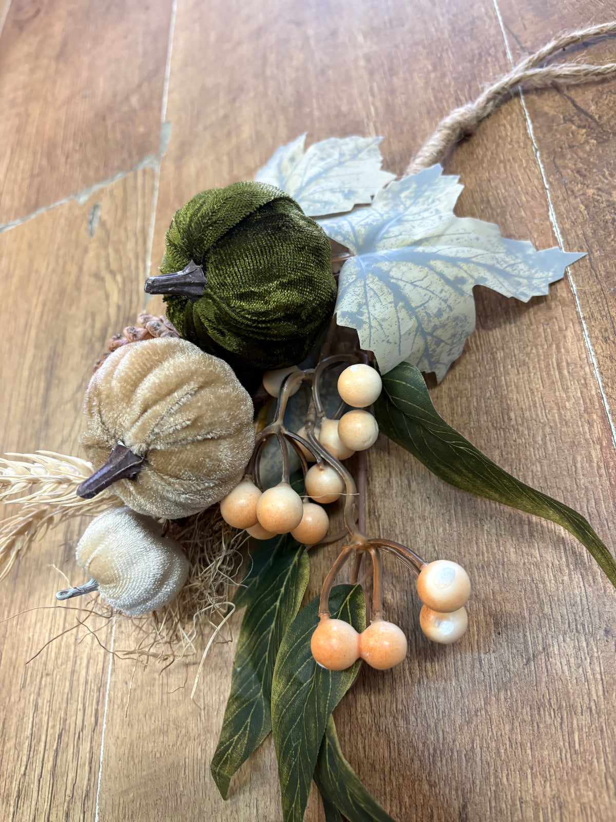 30cm green, neutral and cream velvet pumpkin swag