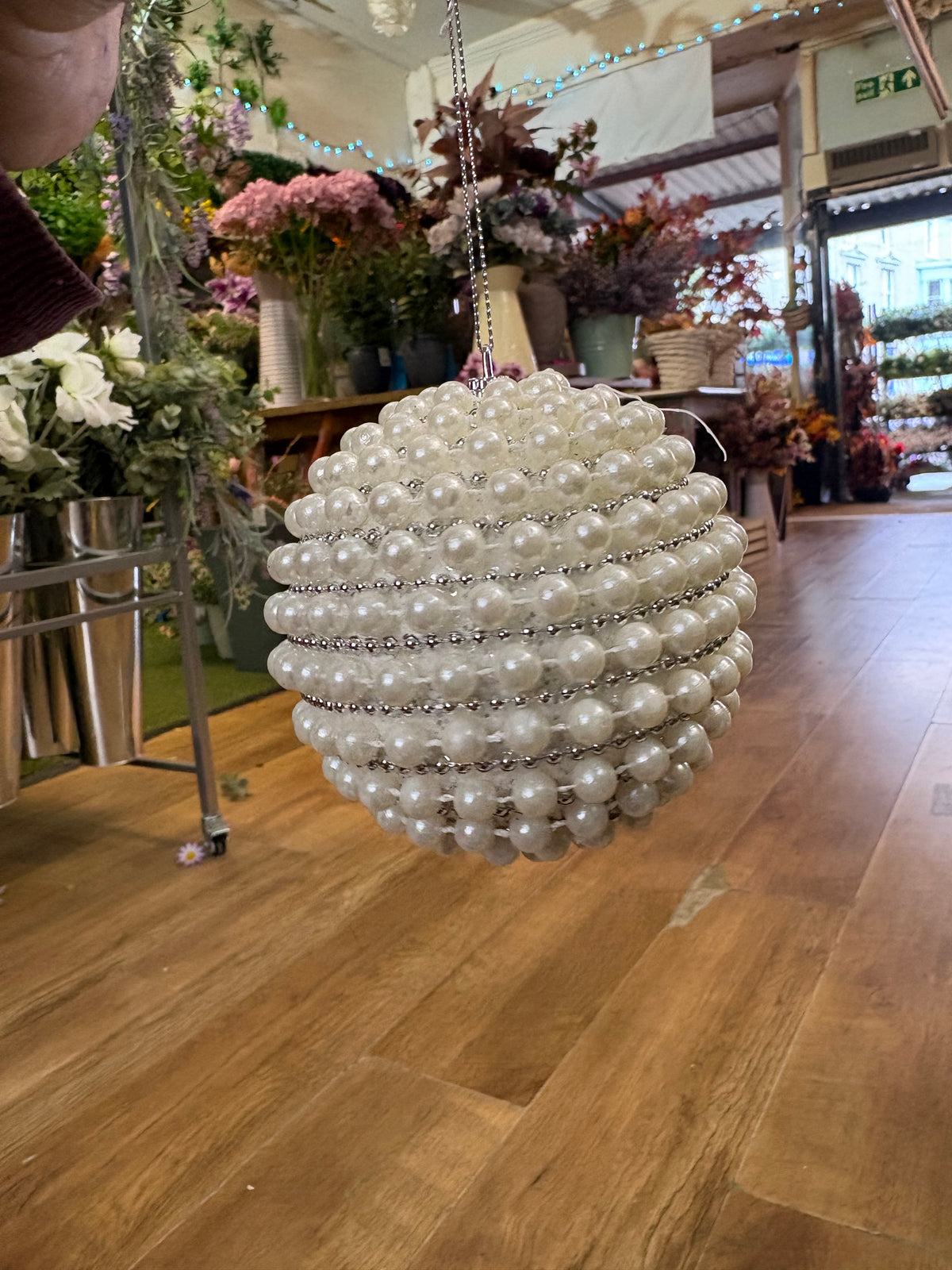 Elegant white pearl and silver beading 10cm bauble