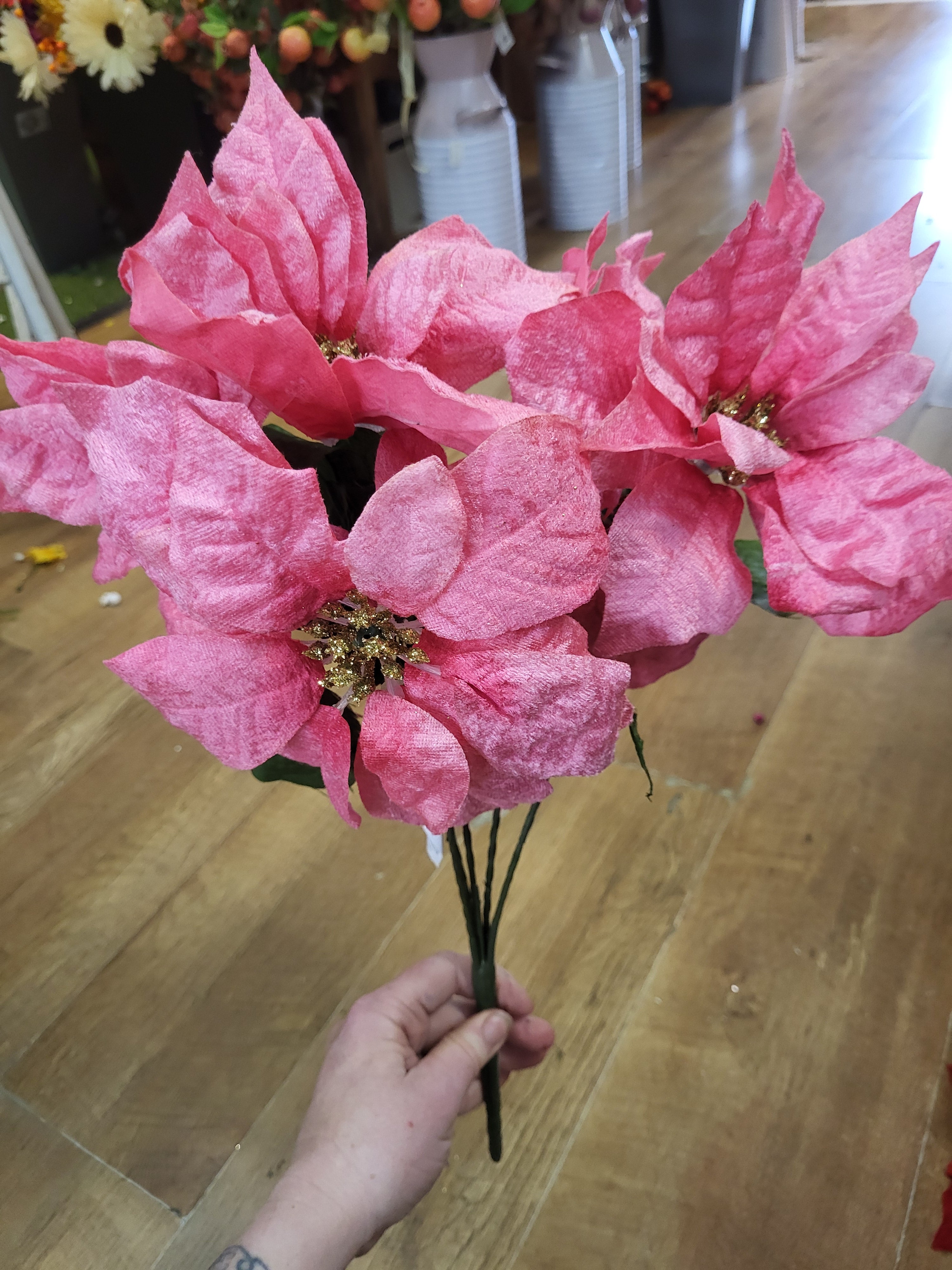 Velvet poinsettia bouquet, 5 large size heads - pink and gold image 2
