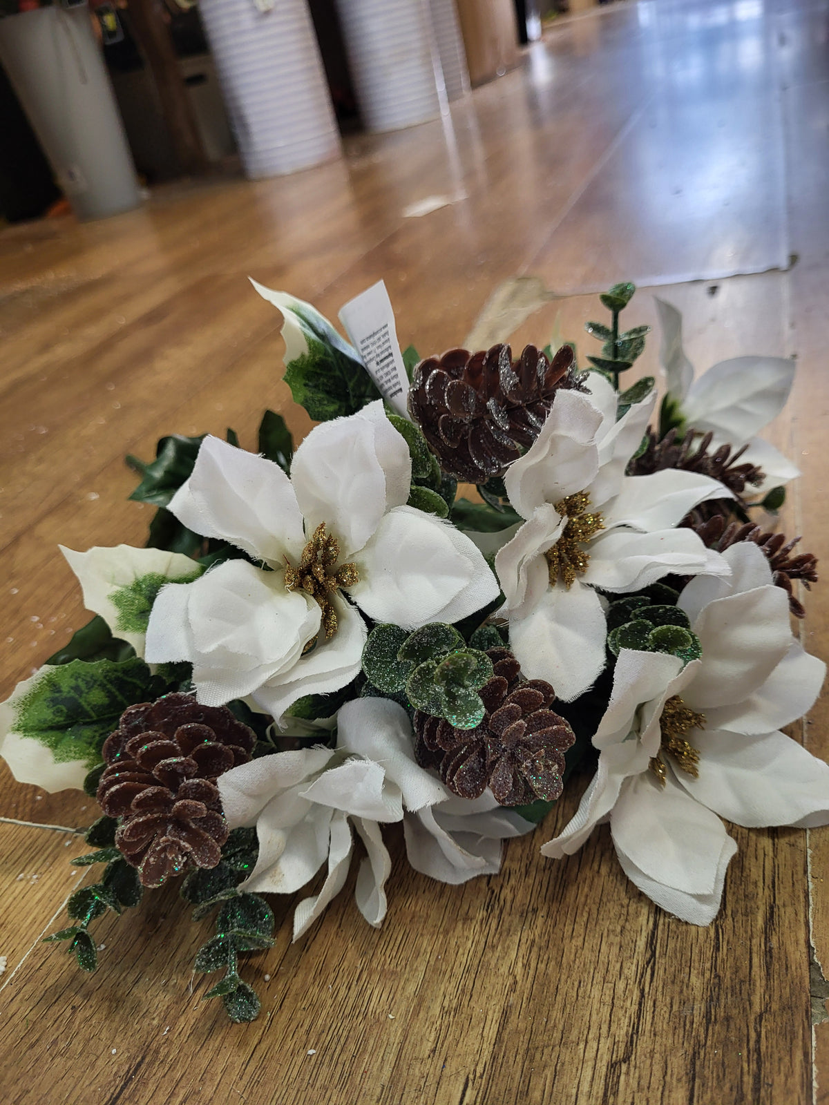 White poinsettia and frosted cone bunch image 1