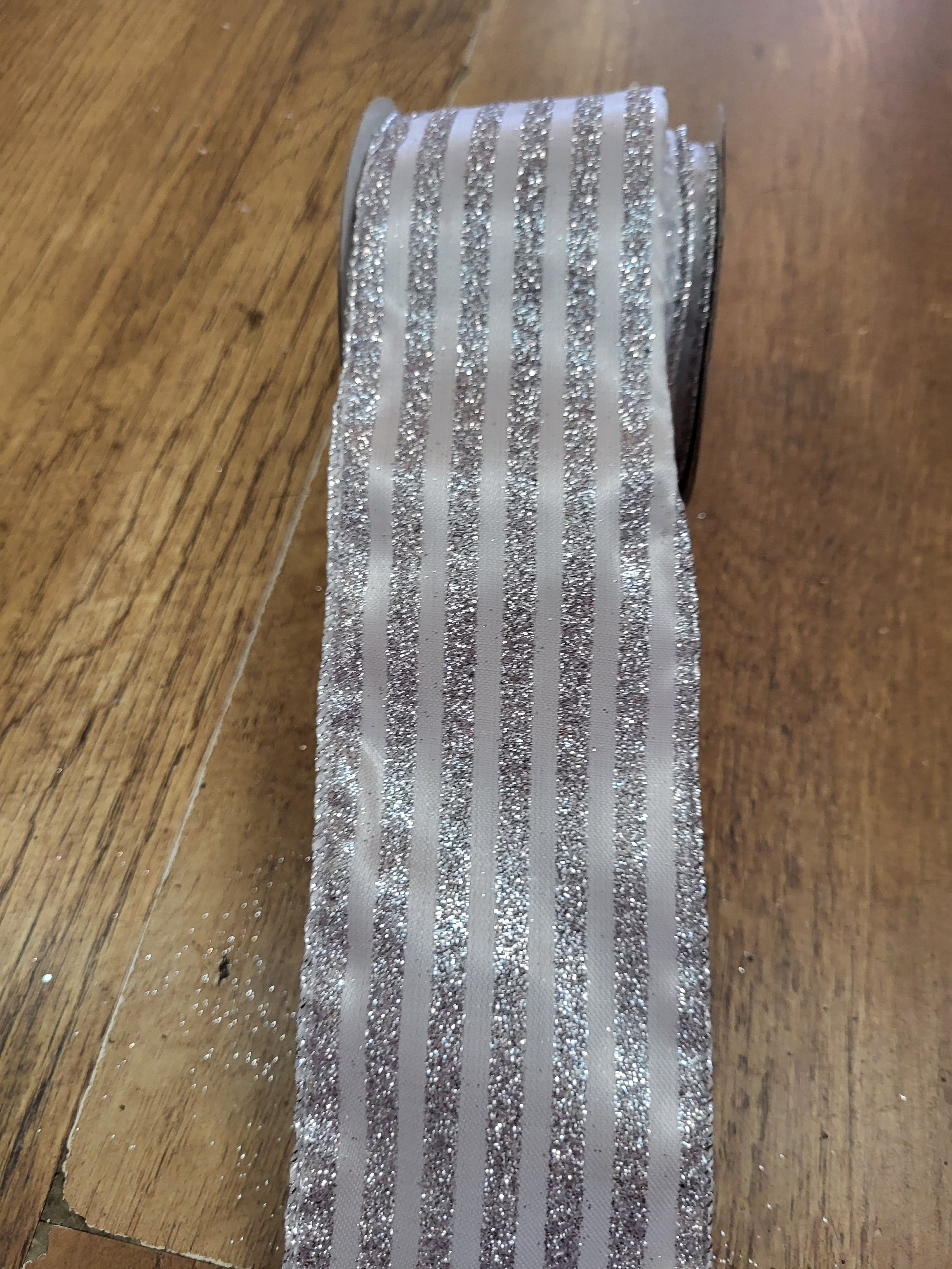 2.7m approx. roll of white/silver glitter striped wired ribbon image 0