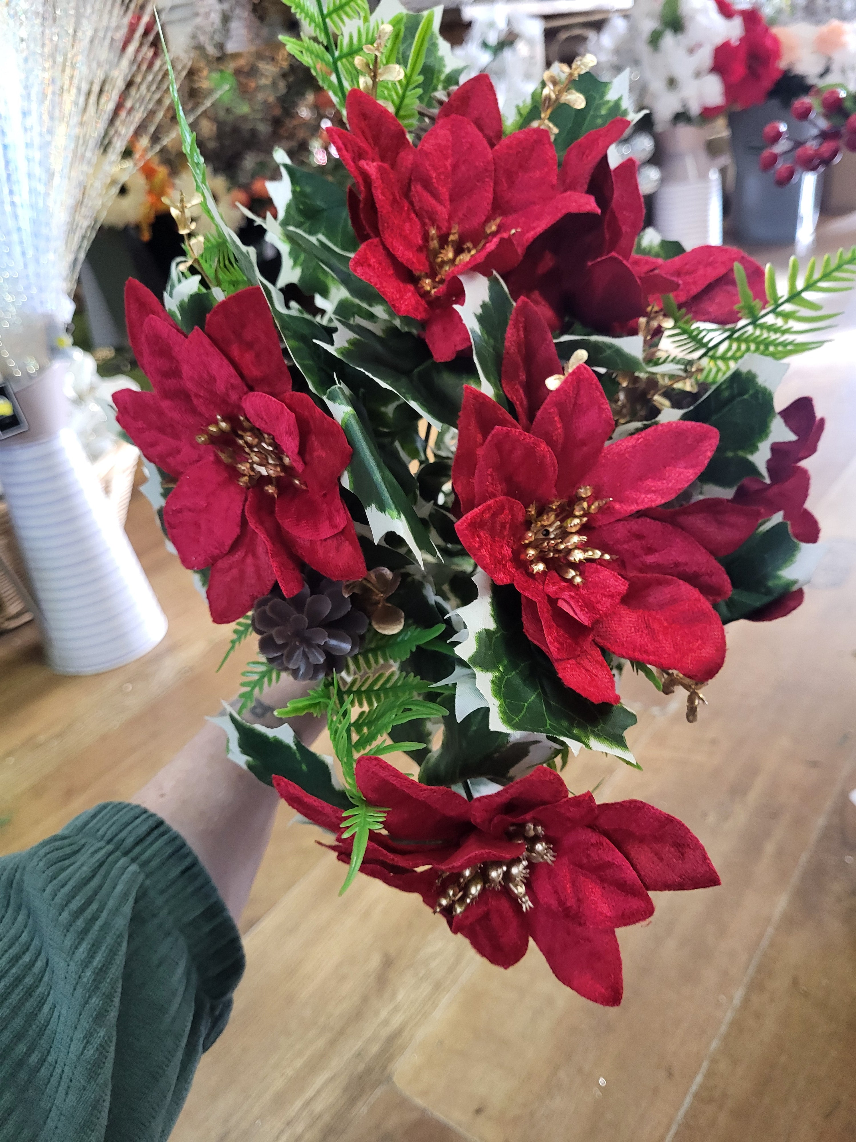 Large red velvet poinsettia and cone bouquet  image 3