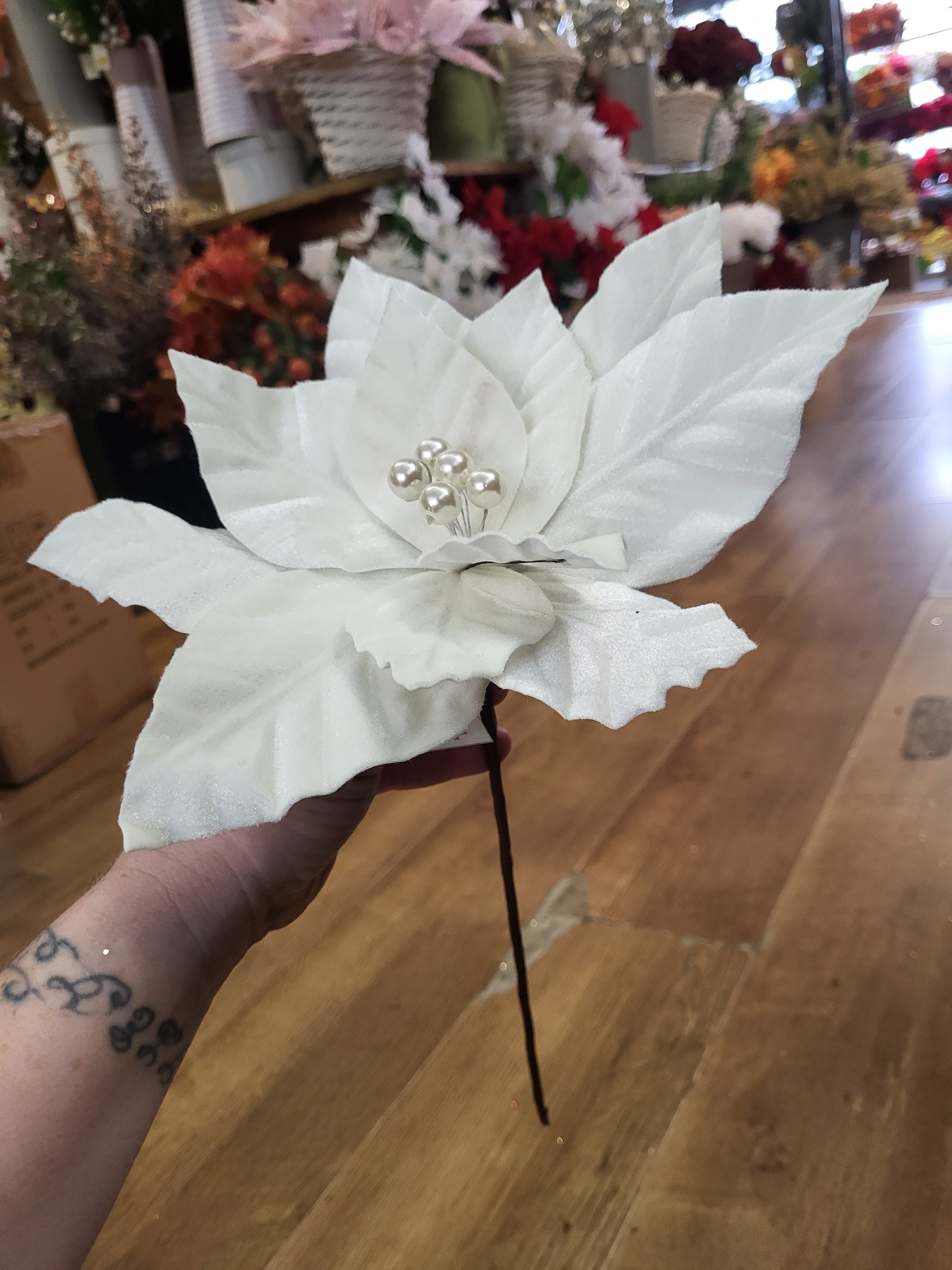 30cm single cream velvet poinsettia with pearls image 1