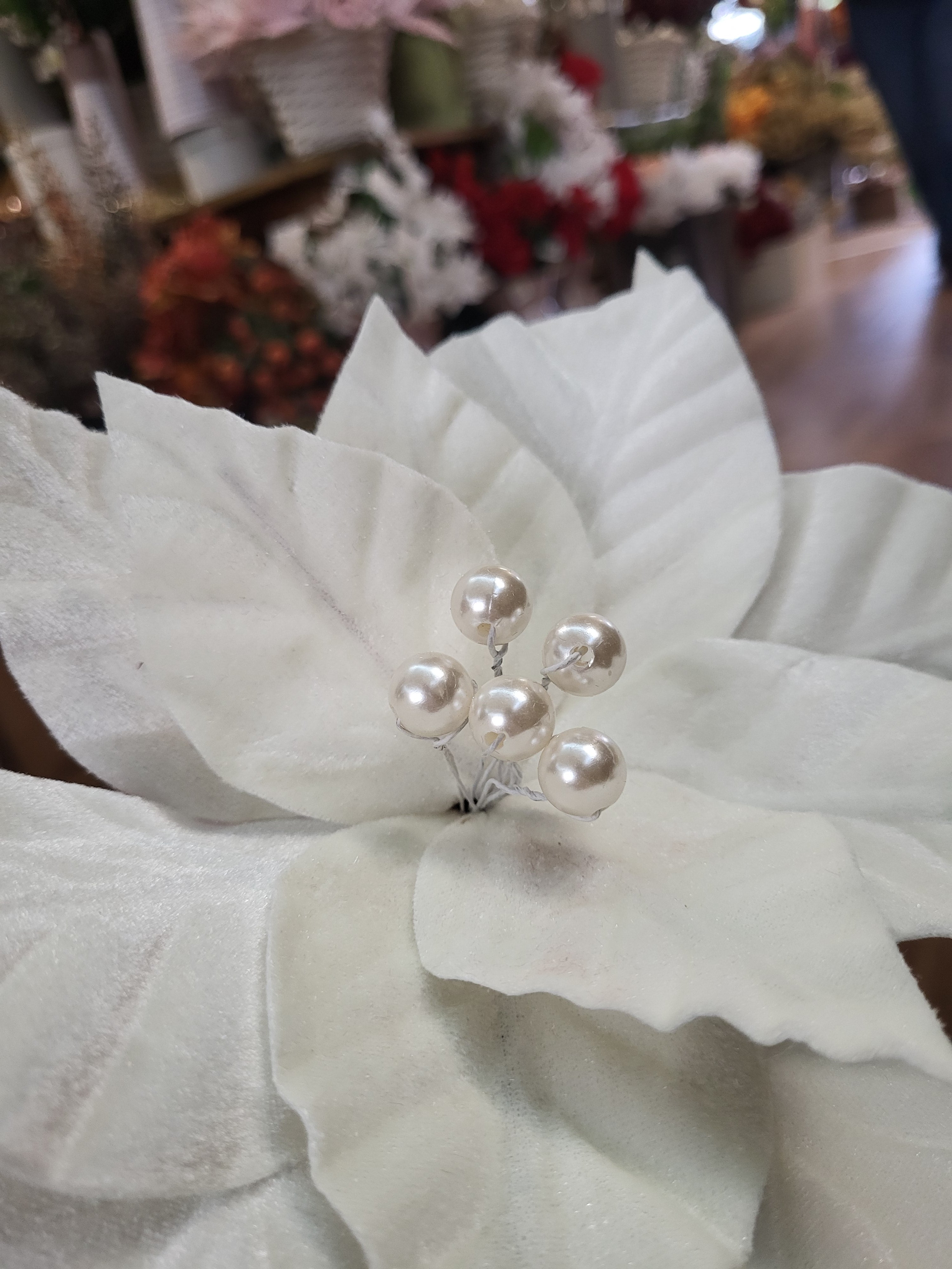 30cm single cream velvet poinsettia with pearls image 3