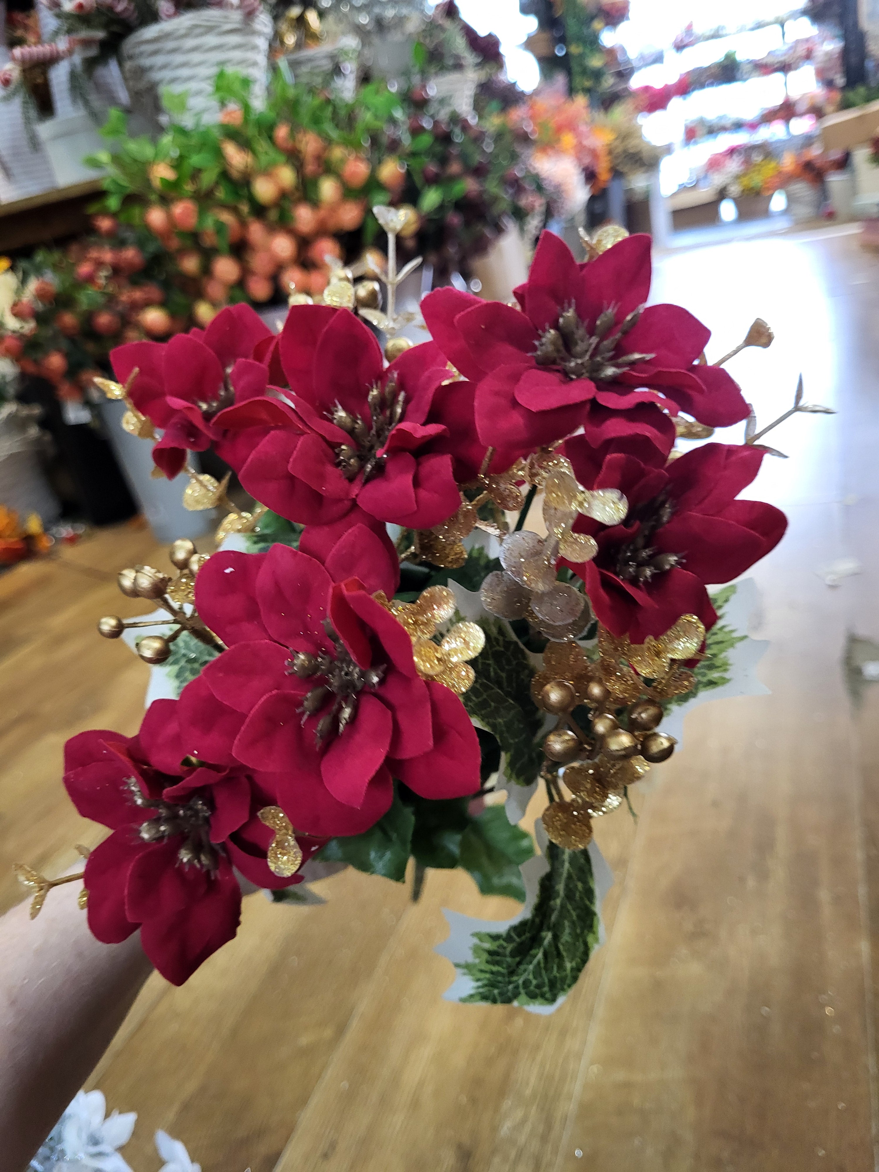 Mini velvet poinsettias and metallic eucalyptus bunch - 2 colours available image 9
