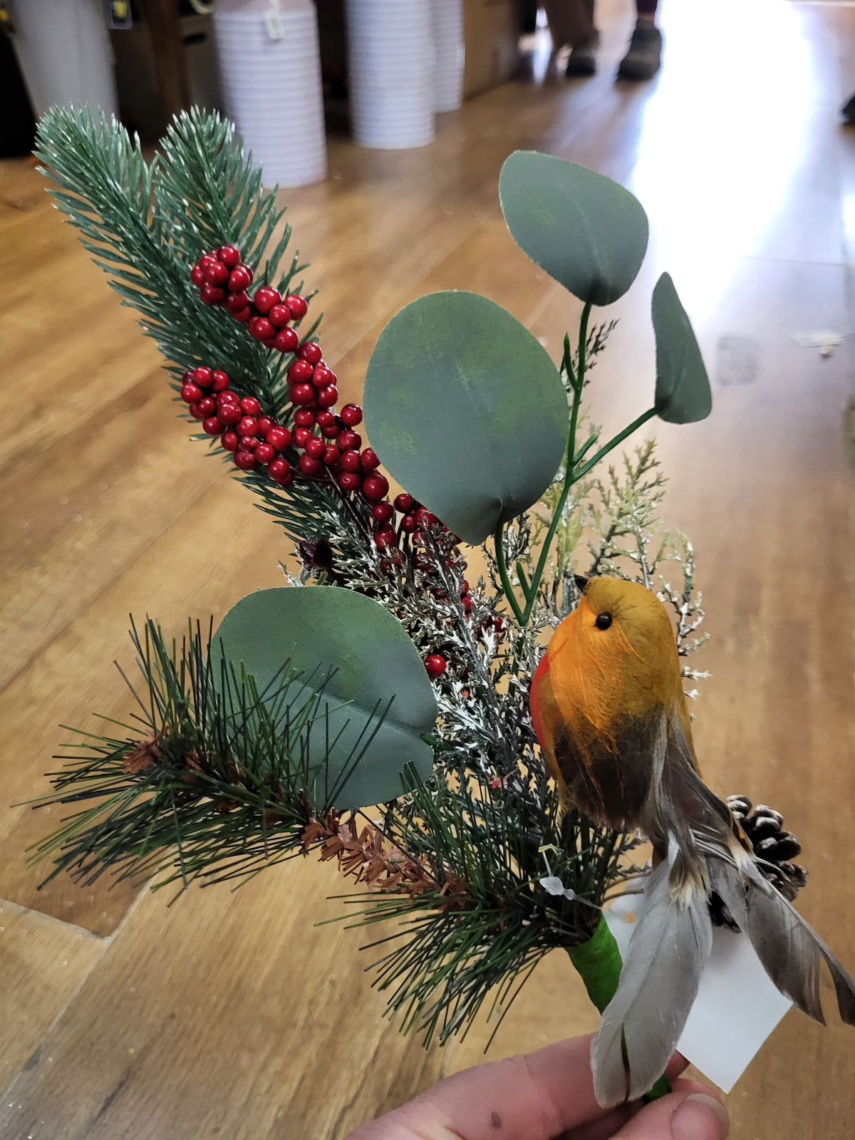 Mixed winter foliage and berry branch with a Robin image 4