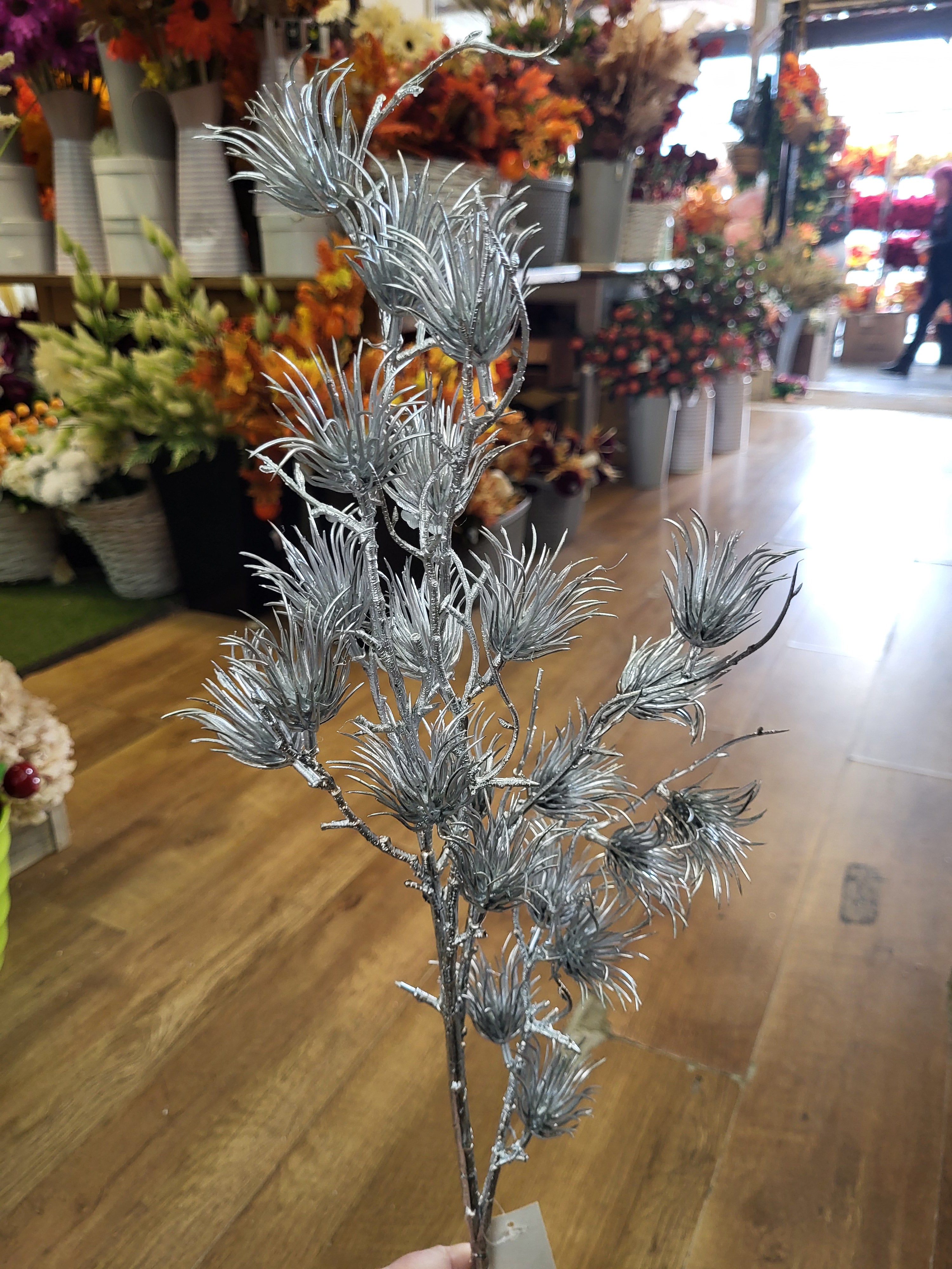 80cm Long stem metallic Silver thistle spray image 1