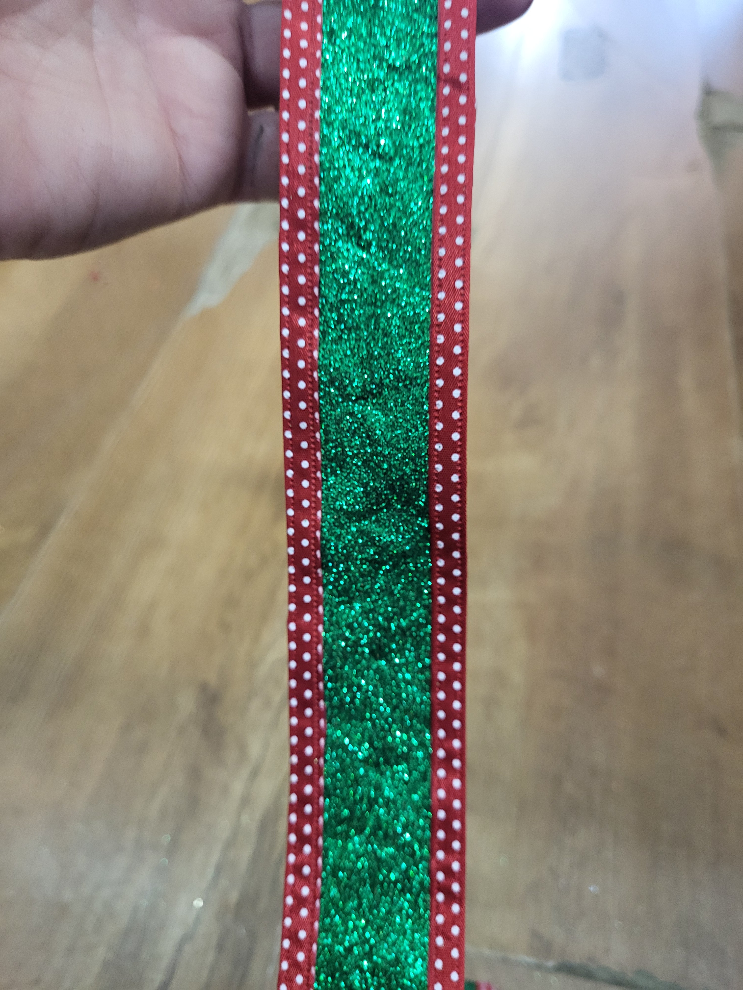 Green glittered and red edge wired Christmas ribbon  - 1 metre image 1