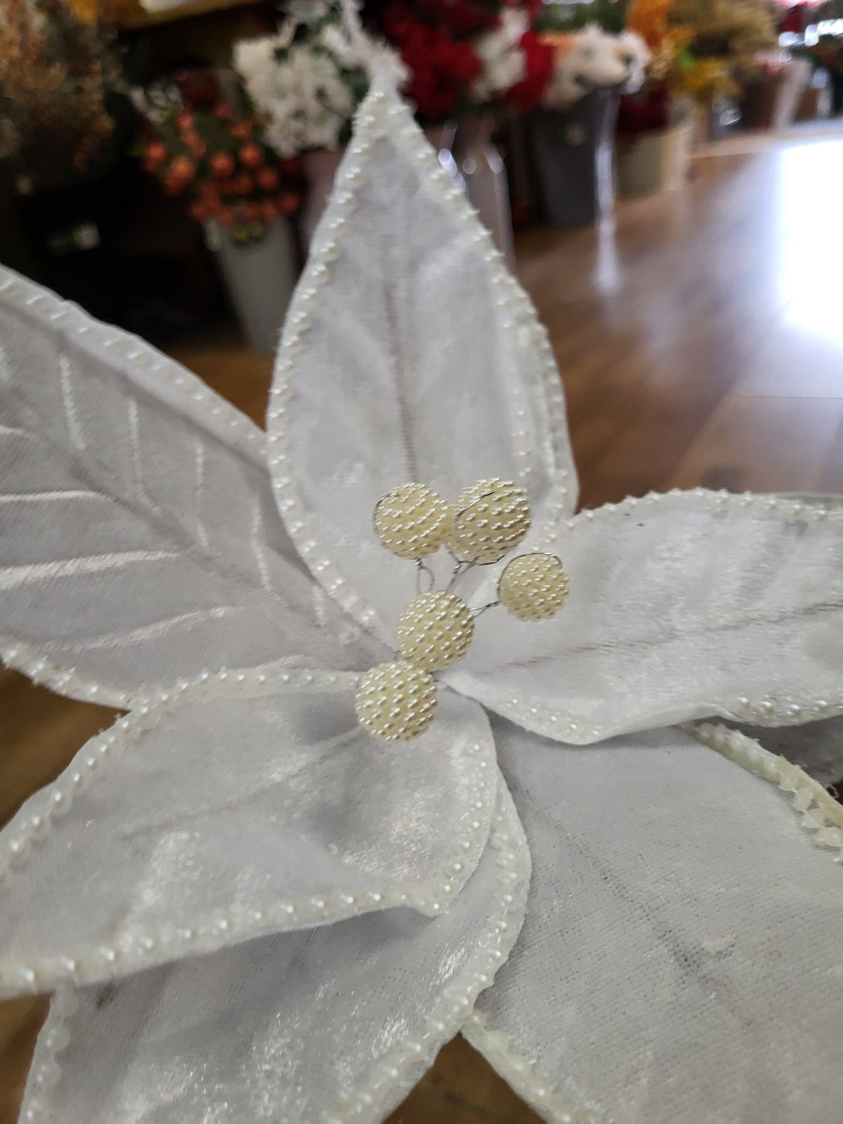 35cm white velvet and pearls poinsettia stem image 3