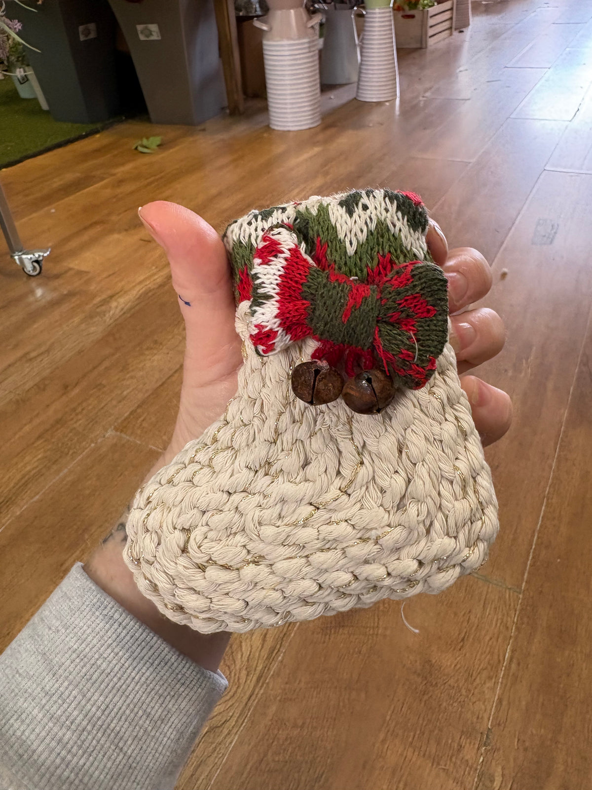 Hanging rope/twine Christmas stocking with fair isle bow